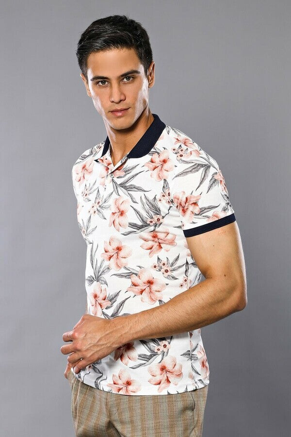 KOALA SYDNEY Polo Neck Floral Patterned Men Cream T-Shirt