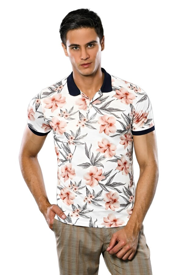 KOALA SYDNEY Polo Neck Floral Patterned Men Cream T-Shirt