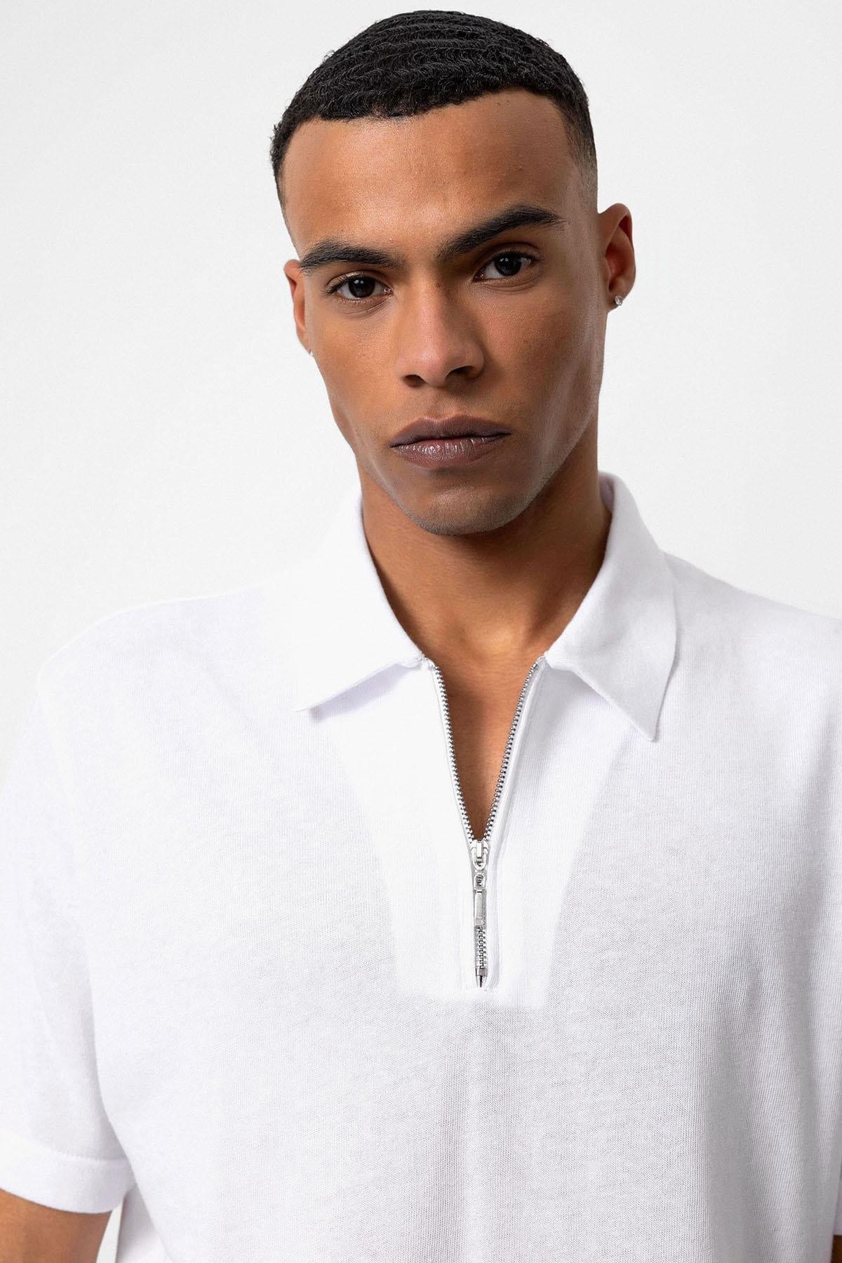 KOALA SYDNEY Men's White Polo Neck Zippered T-Shirt