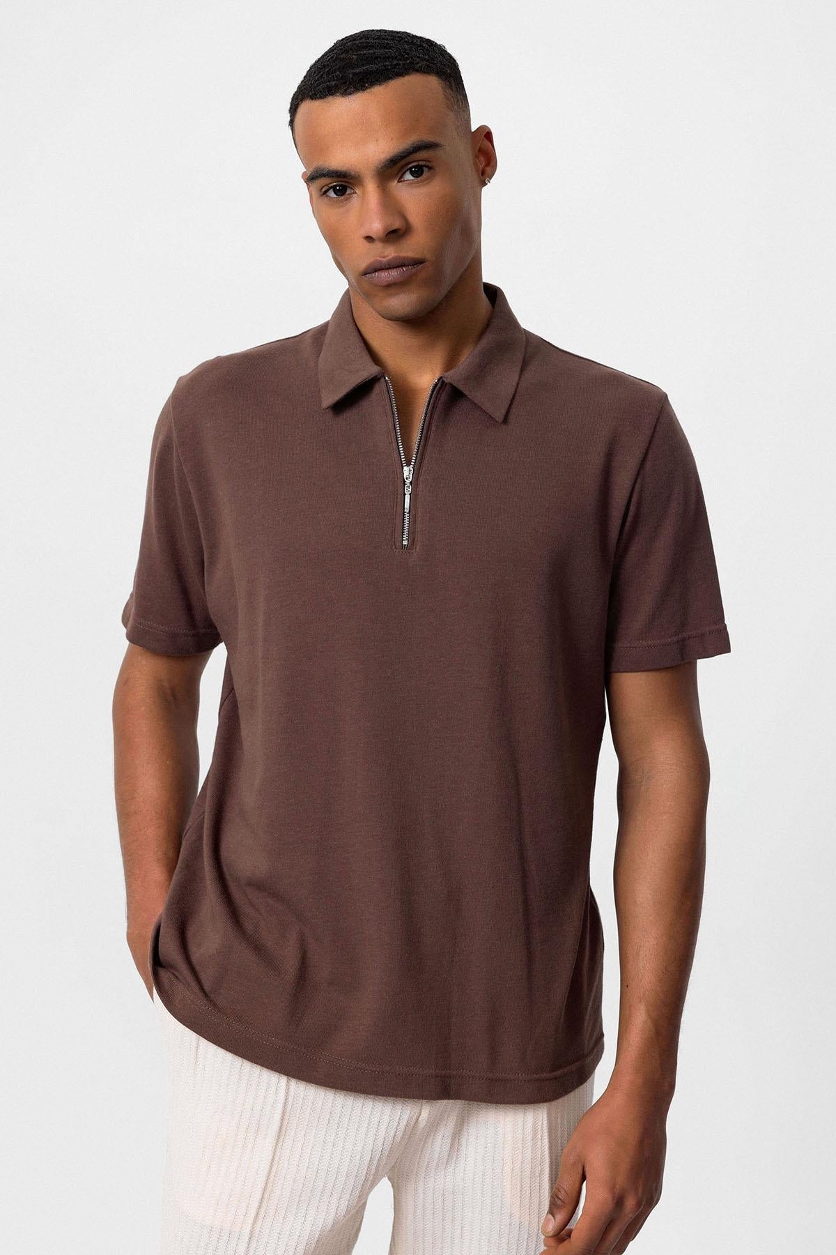 KOALA SYDNEY Men's Brown Polo Neck Zippered T-Shirt