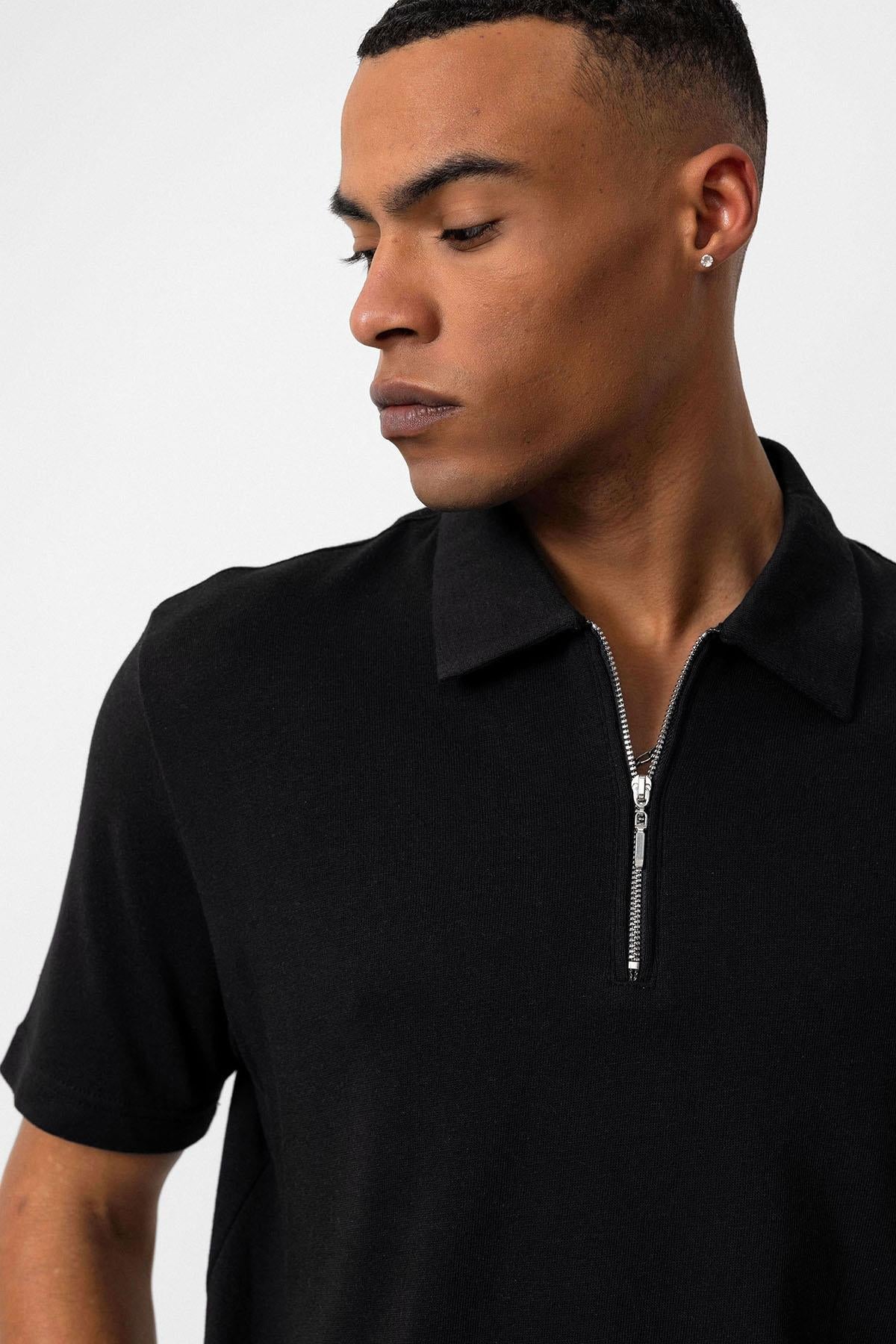 KOALA SYDNEY Men's Black Polo Collar Zippered T-Shirt