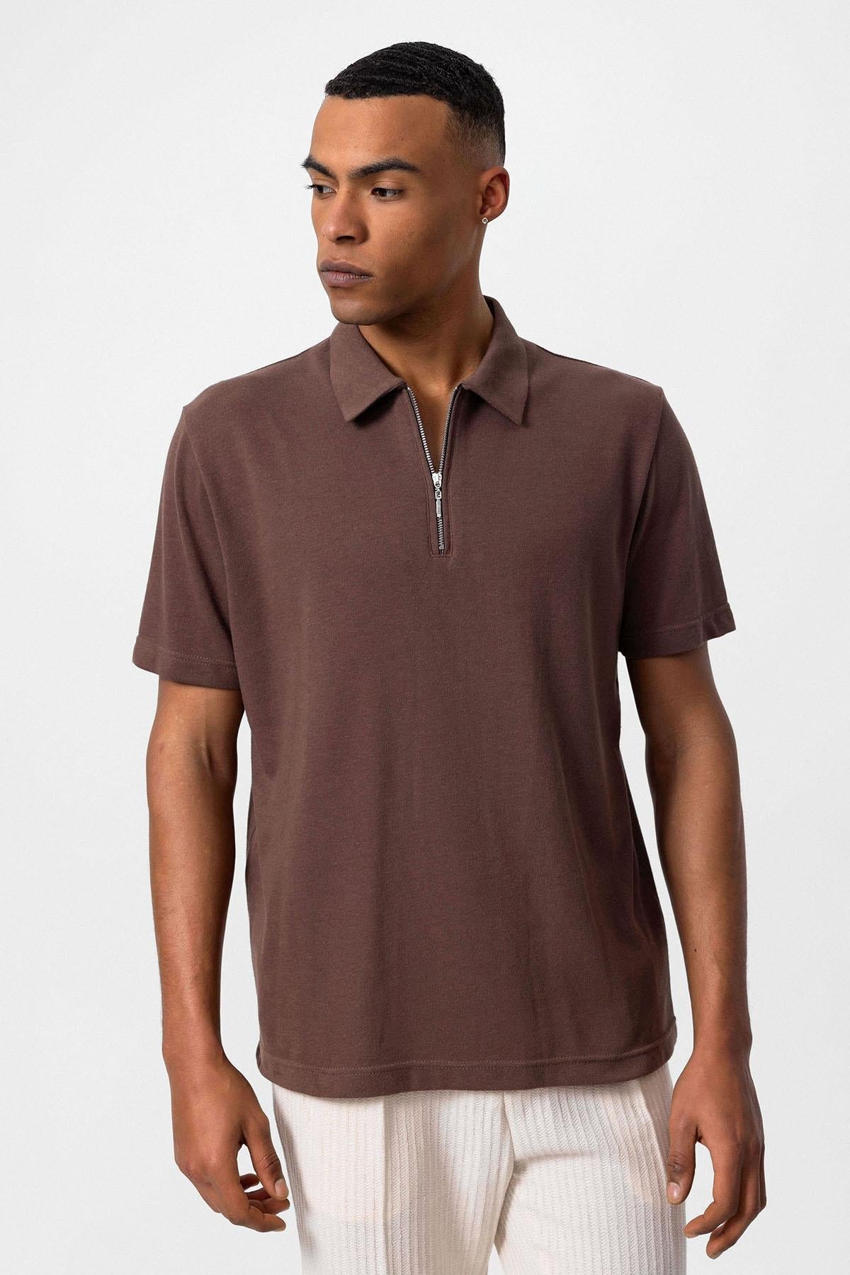 KOALA SYDNEY Men's Brown Polo Neck Zippered T-Shirt