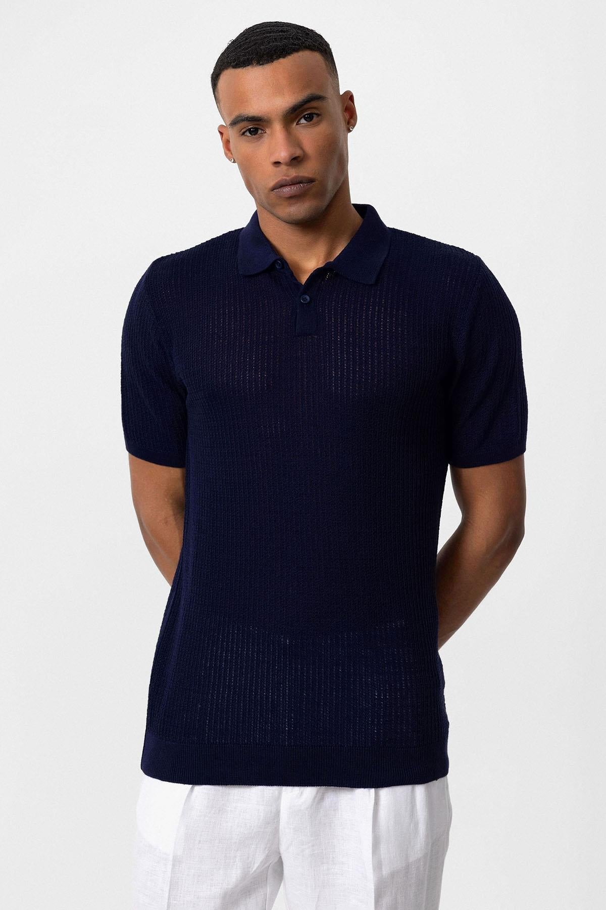KOALA SYDNEY Men's Navy Blue Polo Collar Knit T-Shirt