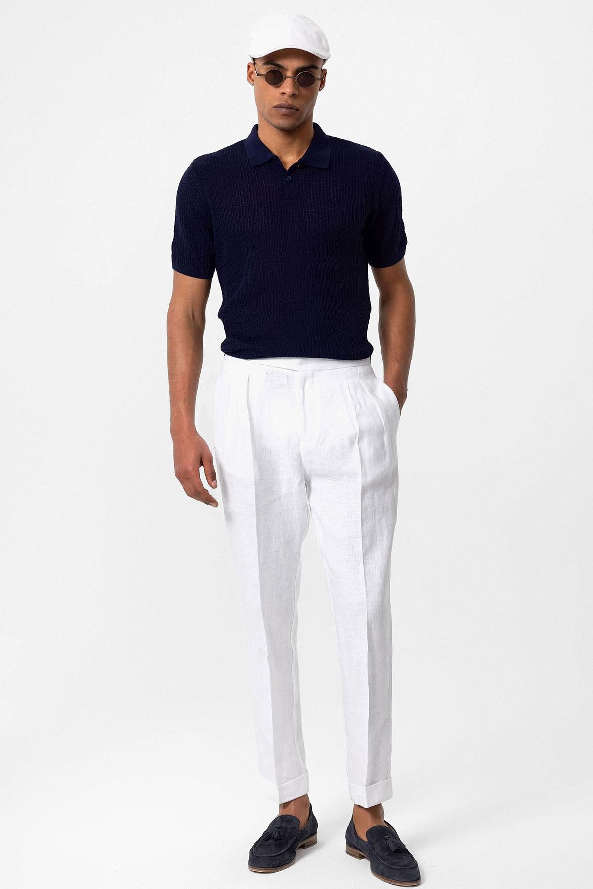 Men's Navy Blue Polo Collar Knit T-Shirt - Wessi