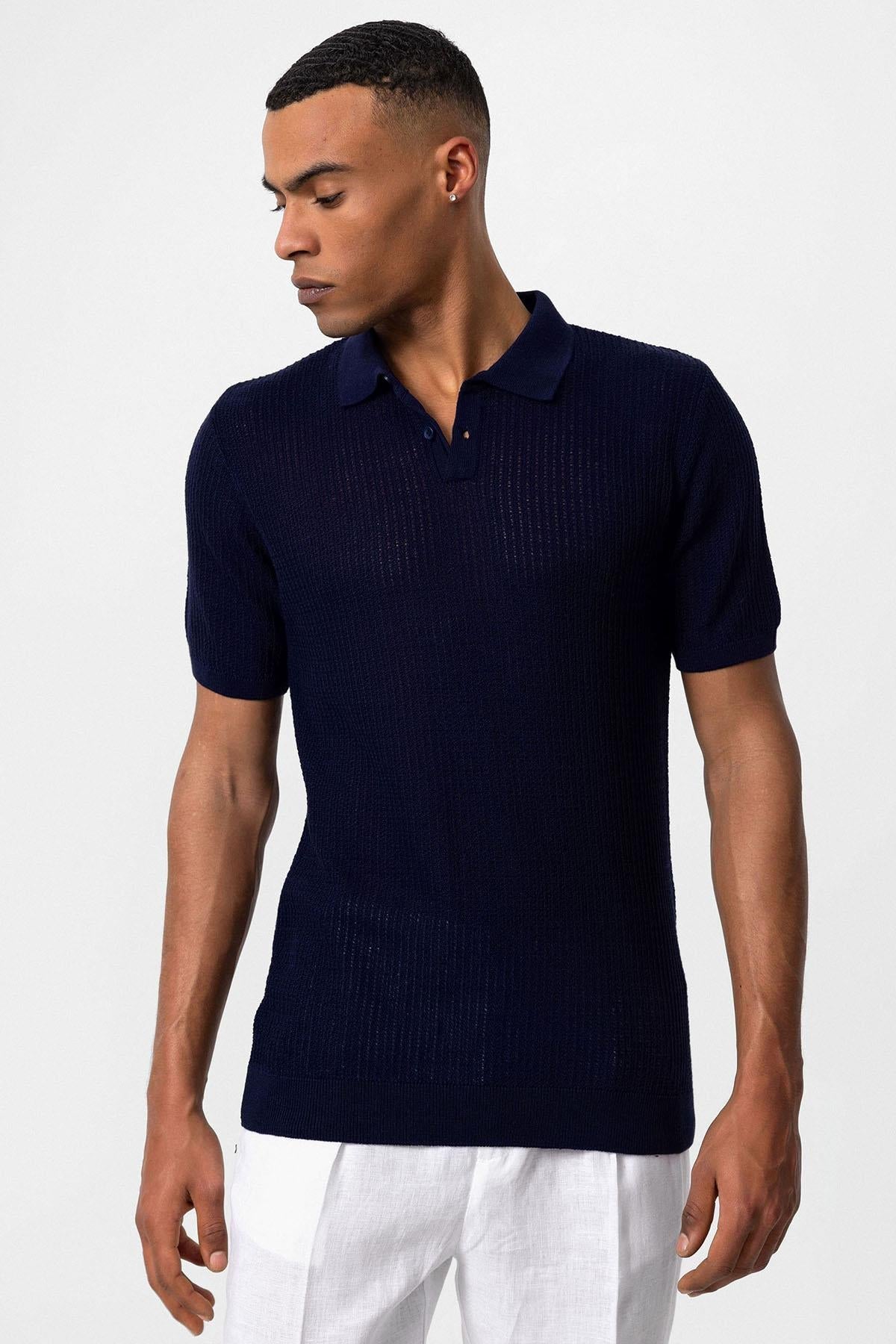 KOALA SYDNEY Men's Navy Blue Polo Collar Knit T-Shirt