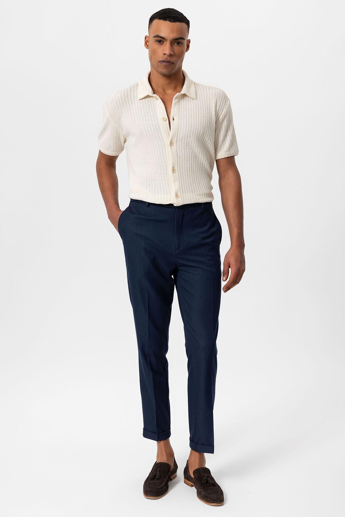 Men's Ecru Polo Collar Knit Short-Sleeve Shirt