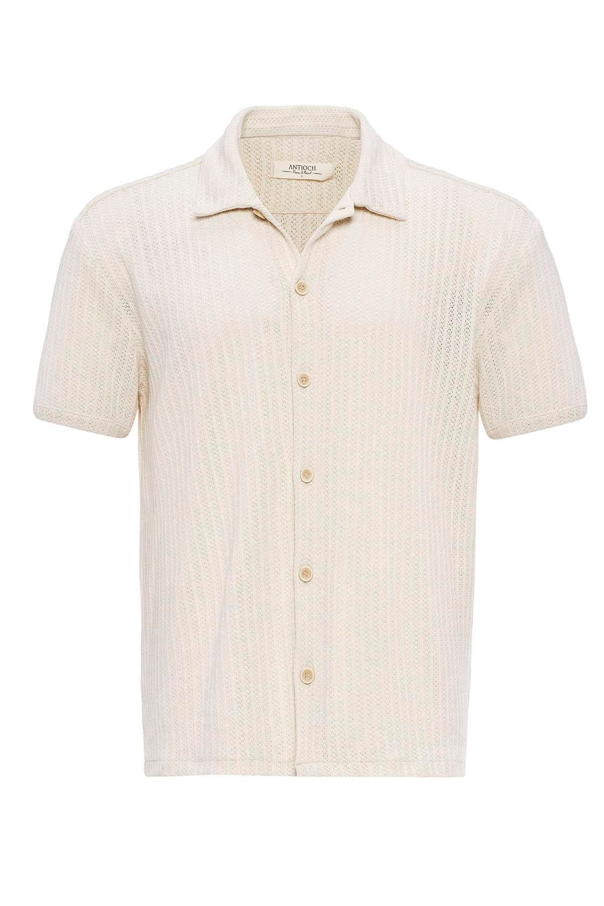 Men's Ecru Polo Collar Knit Short-Sleeve Shirt