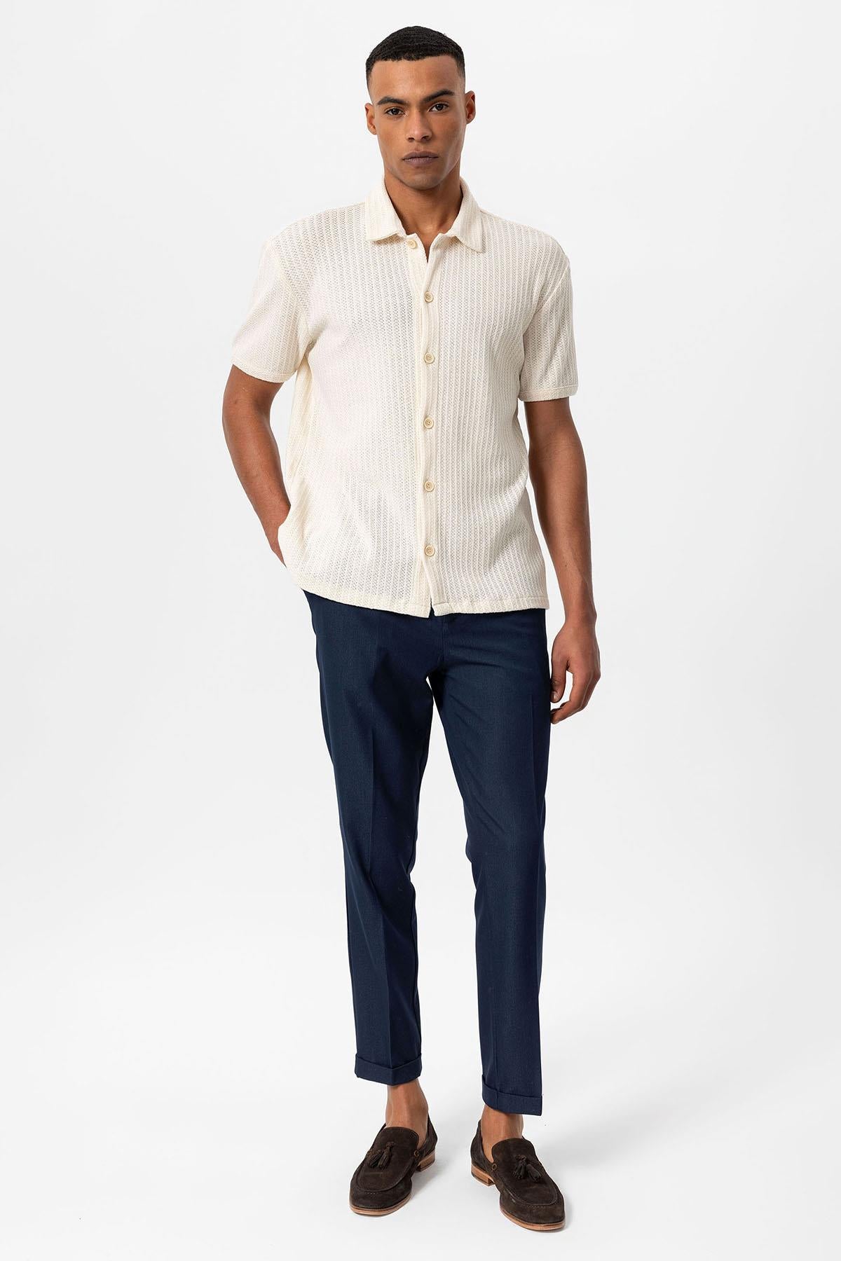 Men's Ecru Polo Collar Knit Short-Sleeve Shirt