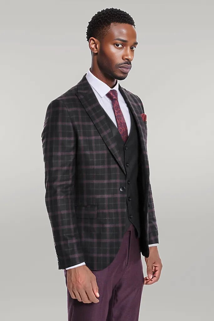 Purple Vested Slim Fit Checked Black Men Suit