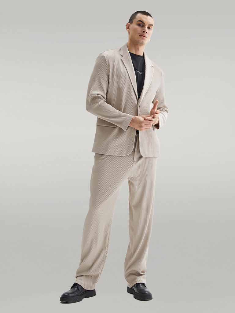 Men's Beige Ribbed Textured Oversize Suit - Wessi