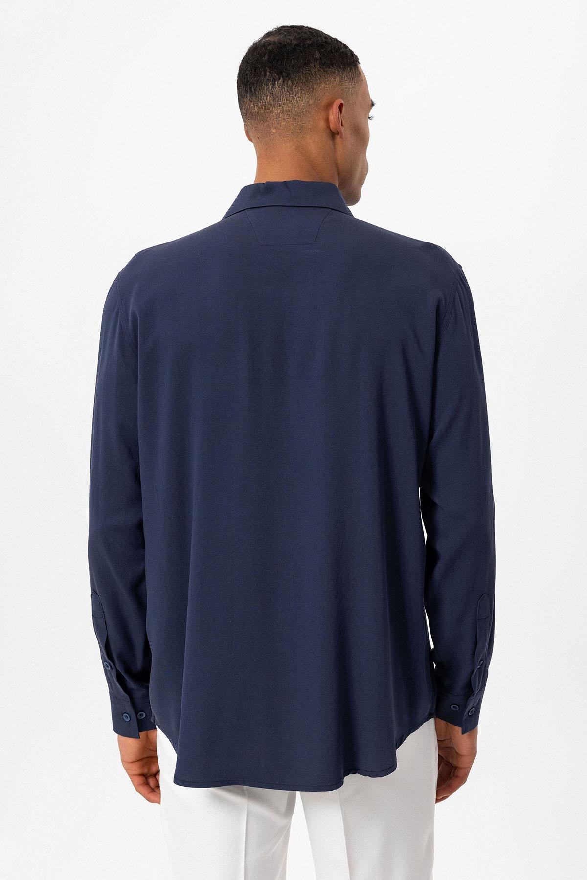 Men's Navy Blue Regular Fit Camp Collar Shirt