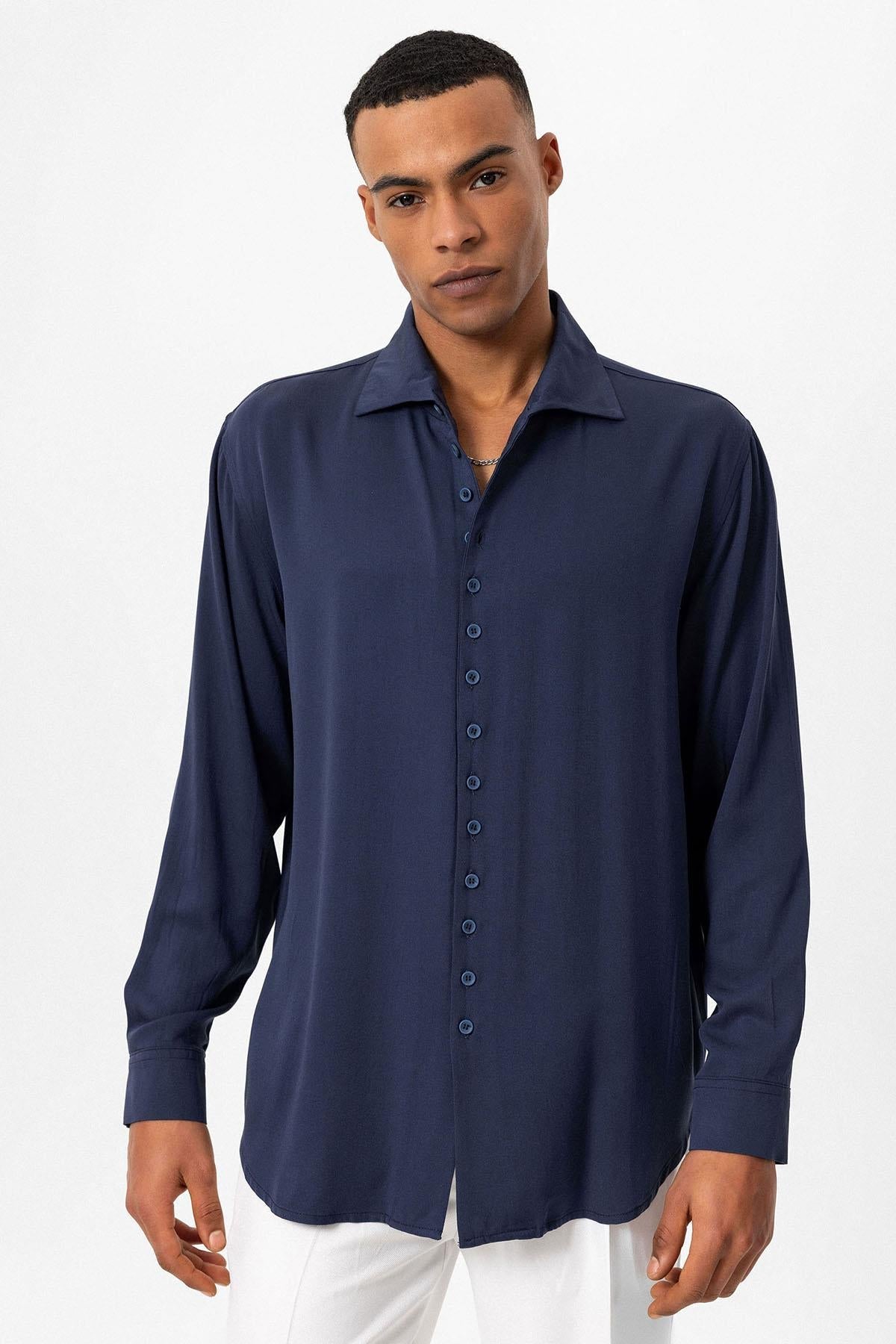 Men's Navy Blue Regular Fit Camp Collar Shirt