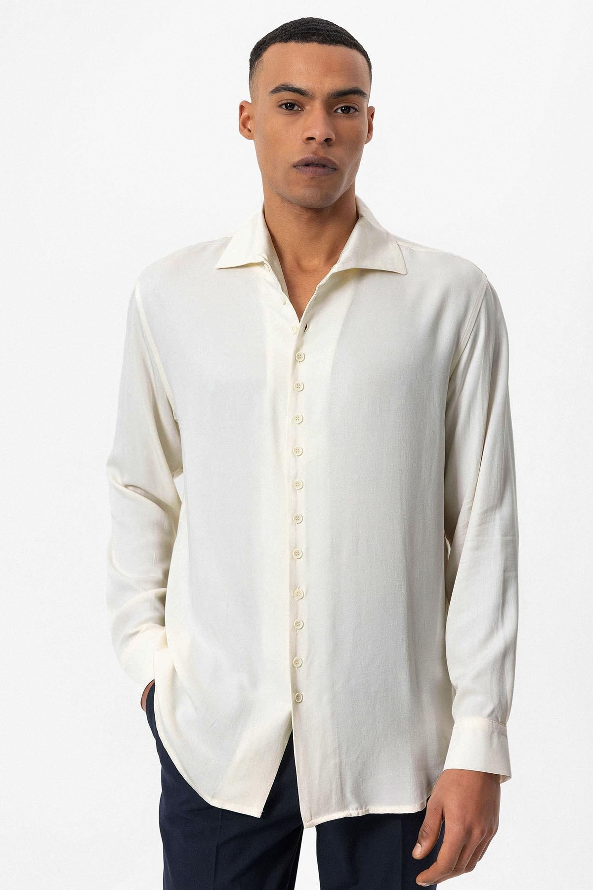 Men's Ecru Regular Fit Camp Collar Shirt