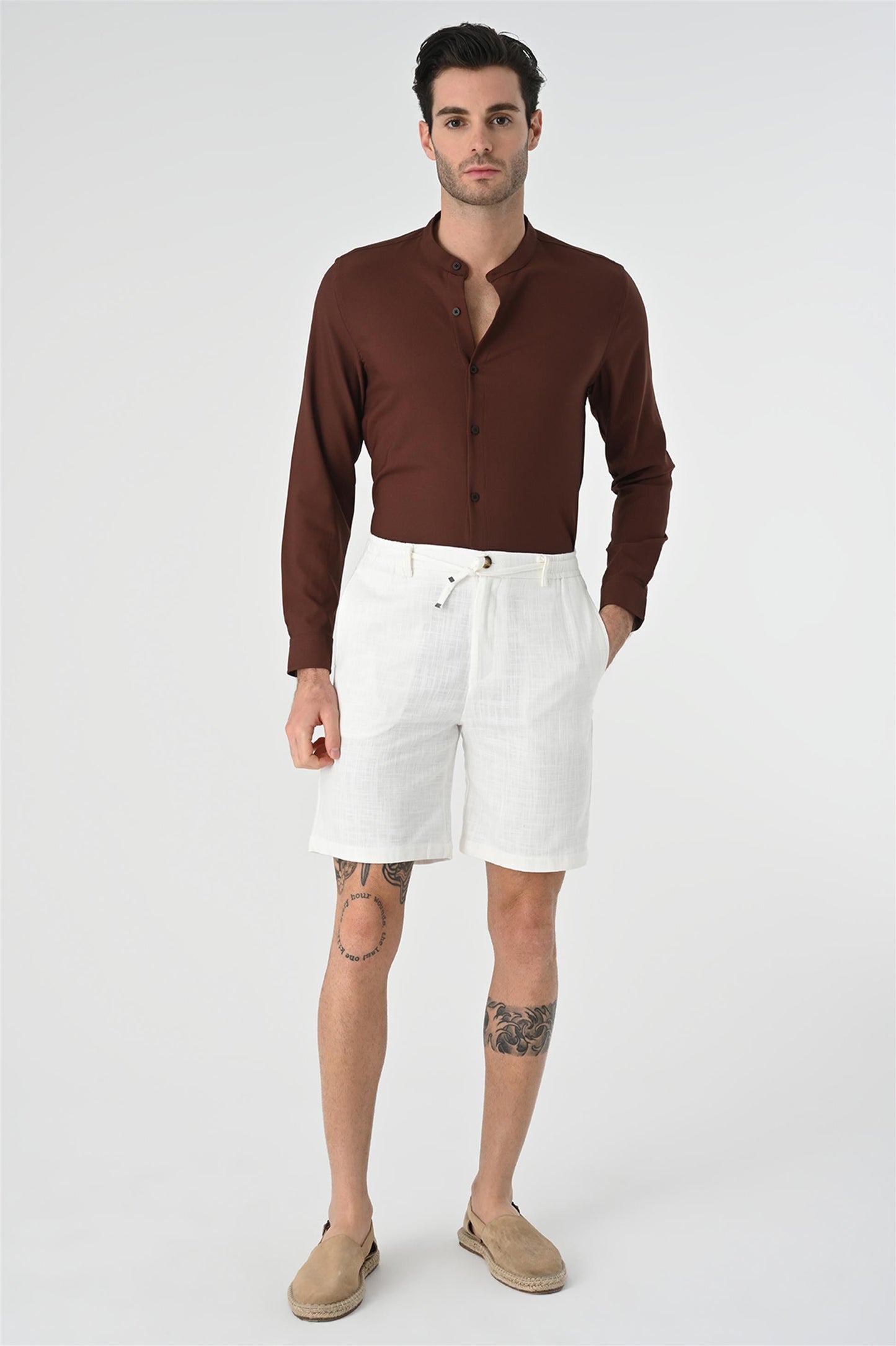 Men's Brown Regular Fit Mandarin Collar Shirt