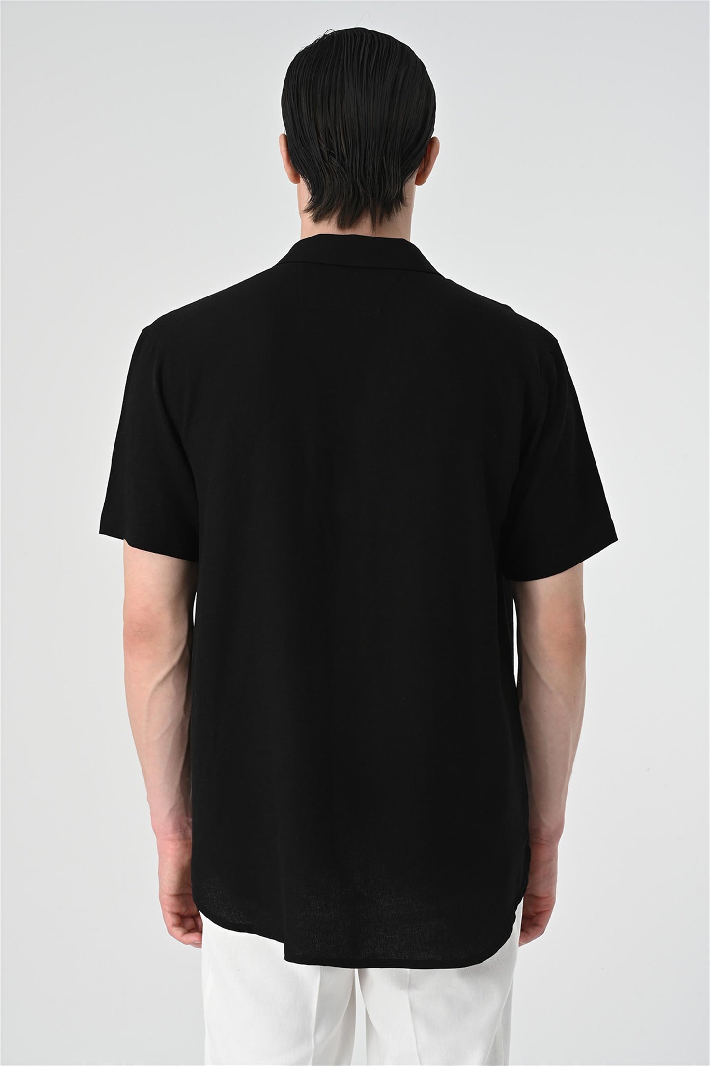 Men's Black Relax Fit Shawl Collar Short Sleeve Shirt