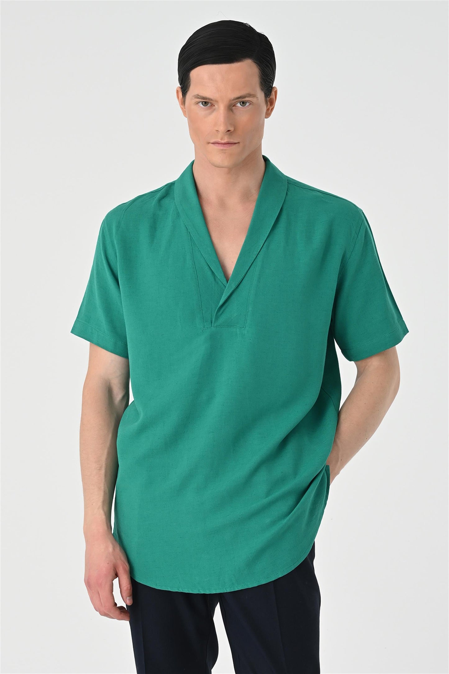 KOALA SYDNEY Men's Green Relax Fit Shawl Collar Short Sleeve Shirt