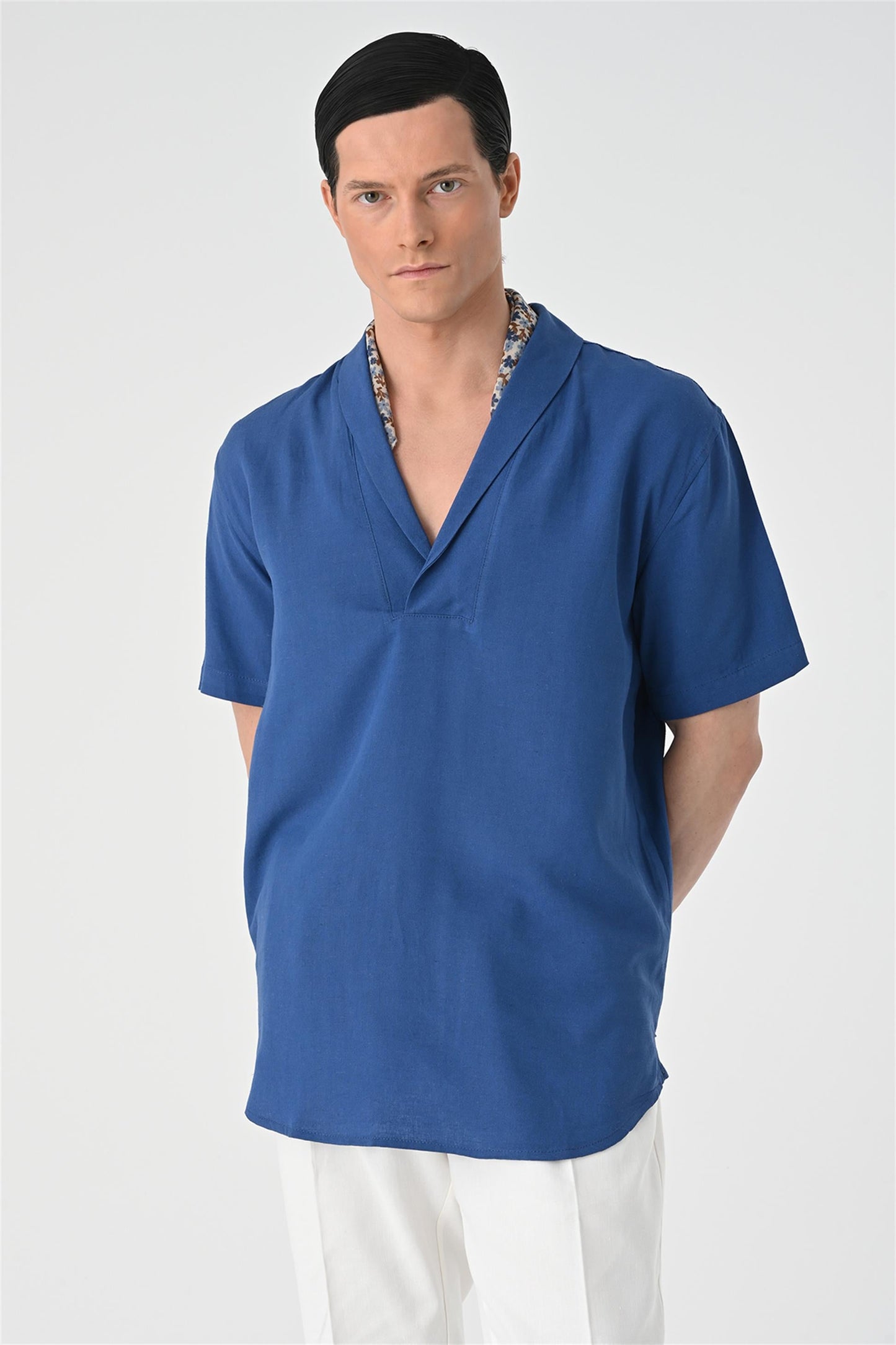 KOALA SYDNEY Men's Indigo Relax Fit Shawl Collar Short Sleeve Shirt -