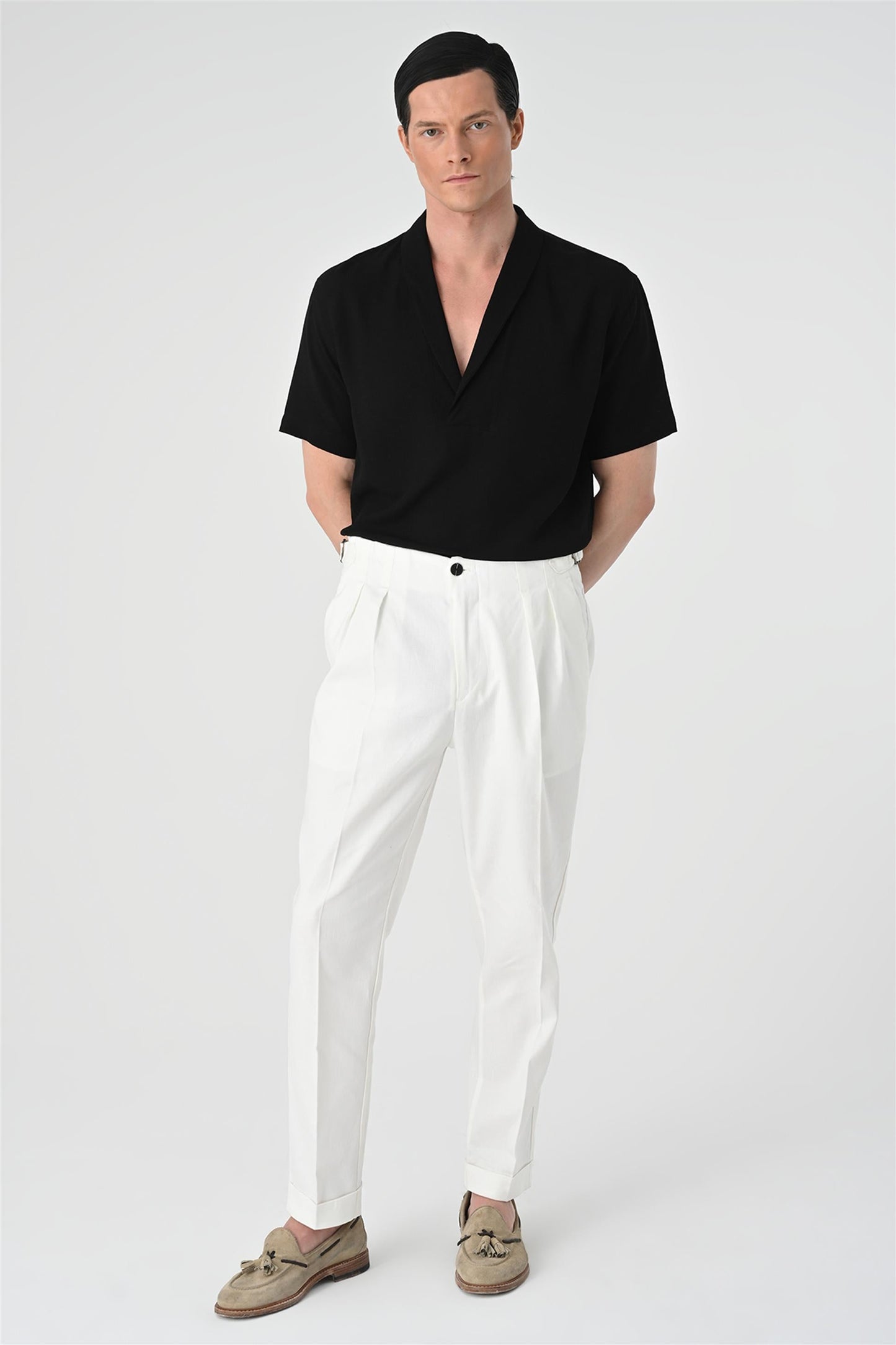 Men's Black Relax Fit Shawl Collar Short Sleeve Shirt