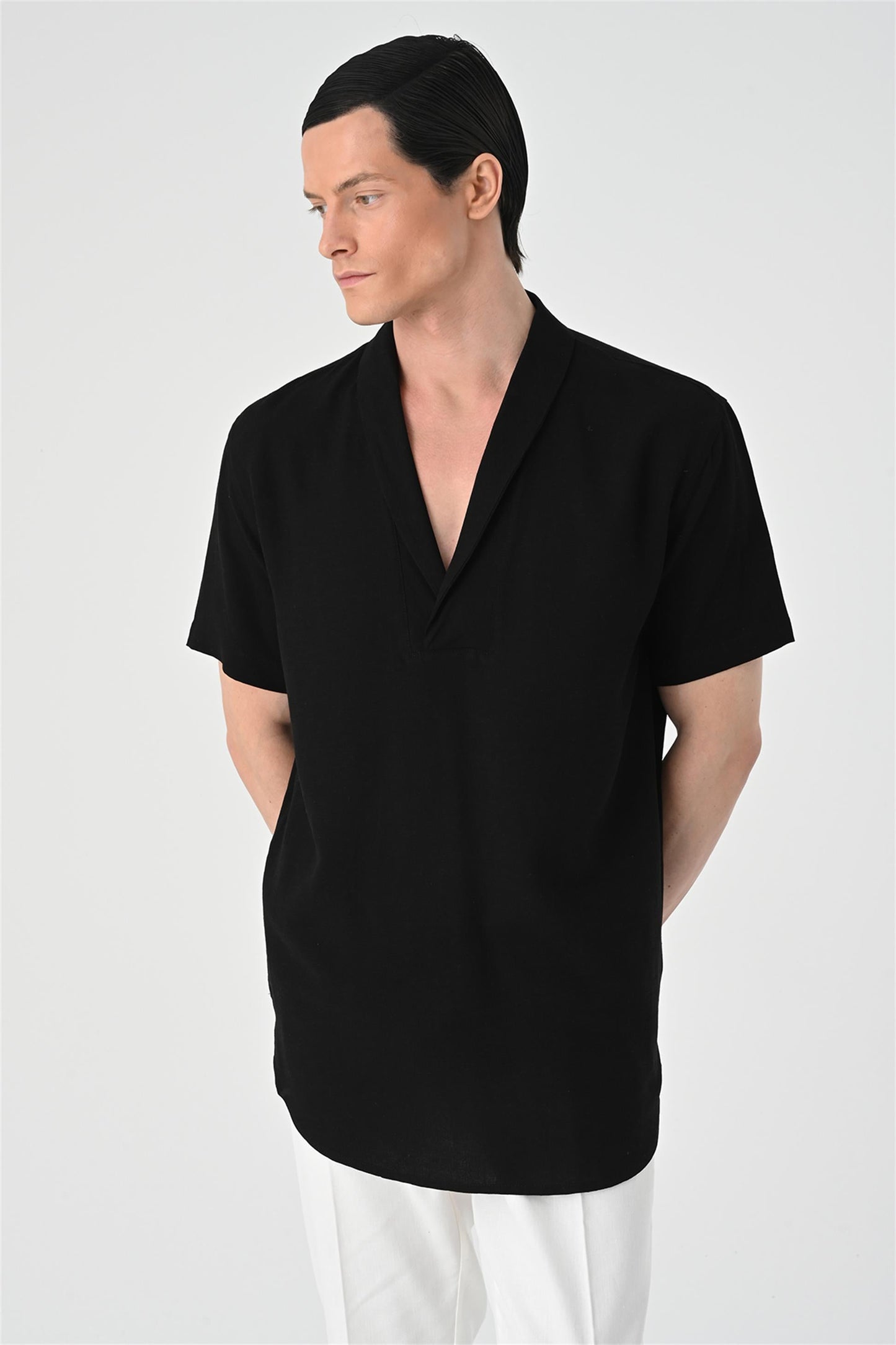 Men's Black Relax Fit Shawl Collar Short Sleeve Shirt