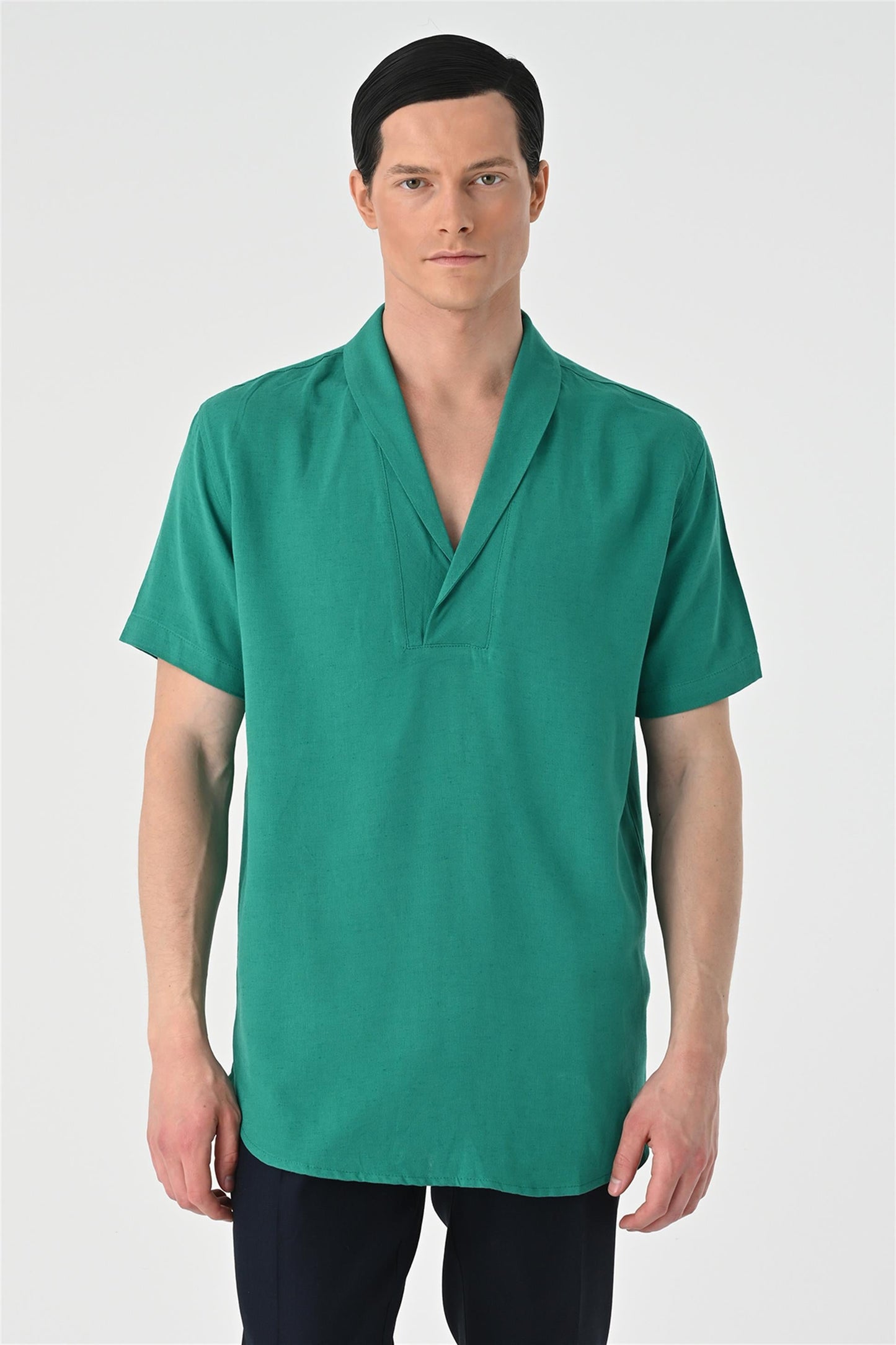 KOALA SYDNEY Men's Green Relax Fit Shawl Collar Short Sleeve Shirt