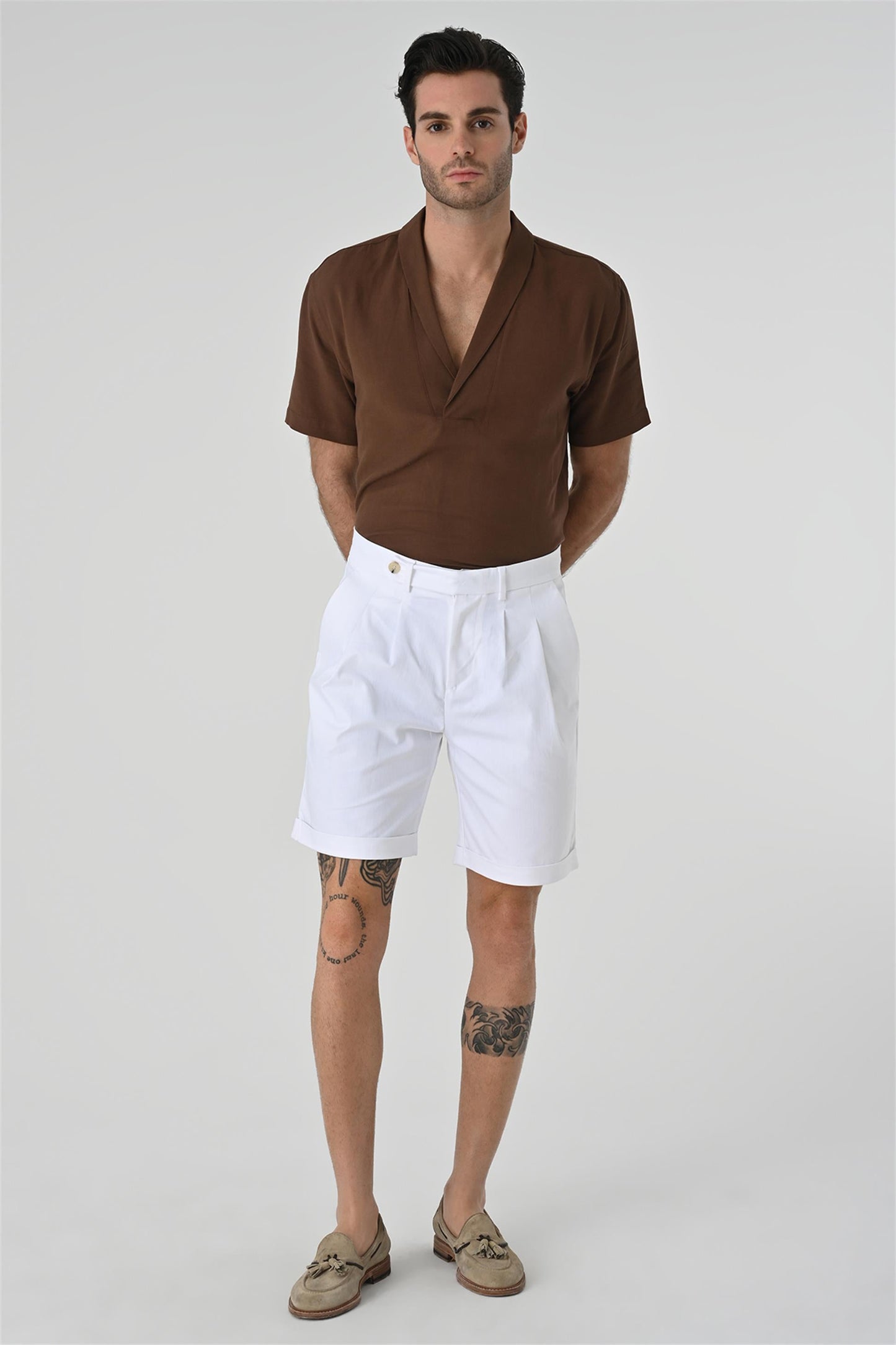 KOALA SYDNEY Men's Brown Relax Fit Shawl Collar Short Sleeve Shirt -