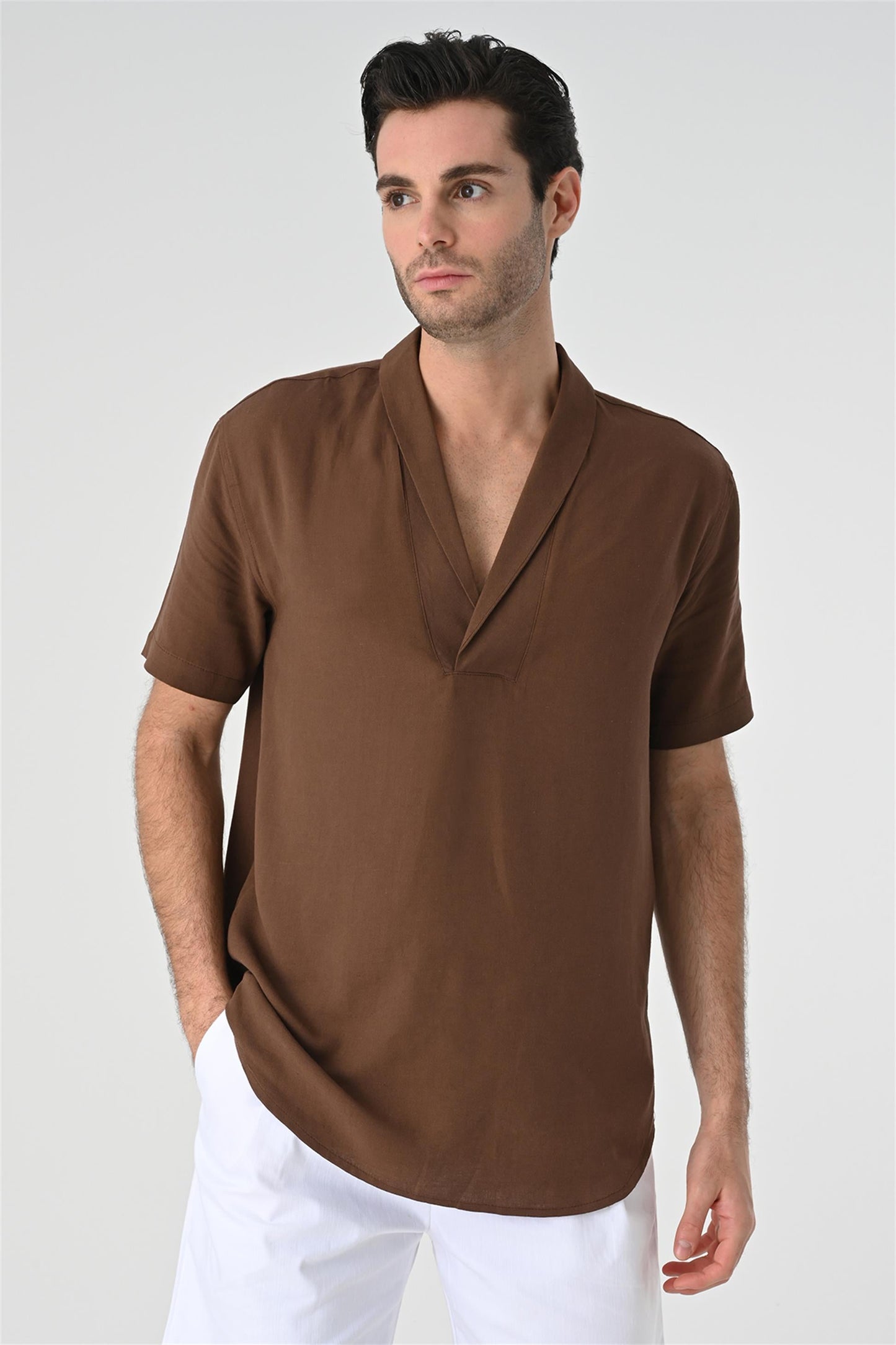 KOALA SYDNEY Men's Brown Relax Fit Shawl Collar Short Sleeve Shirt -
