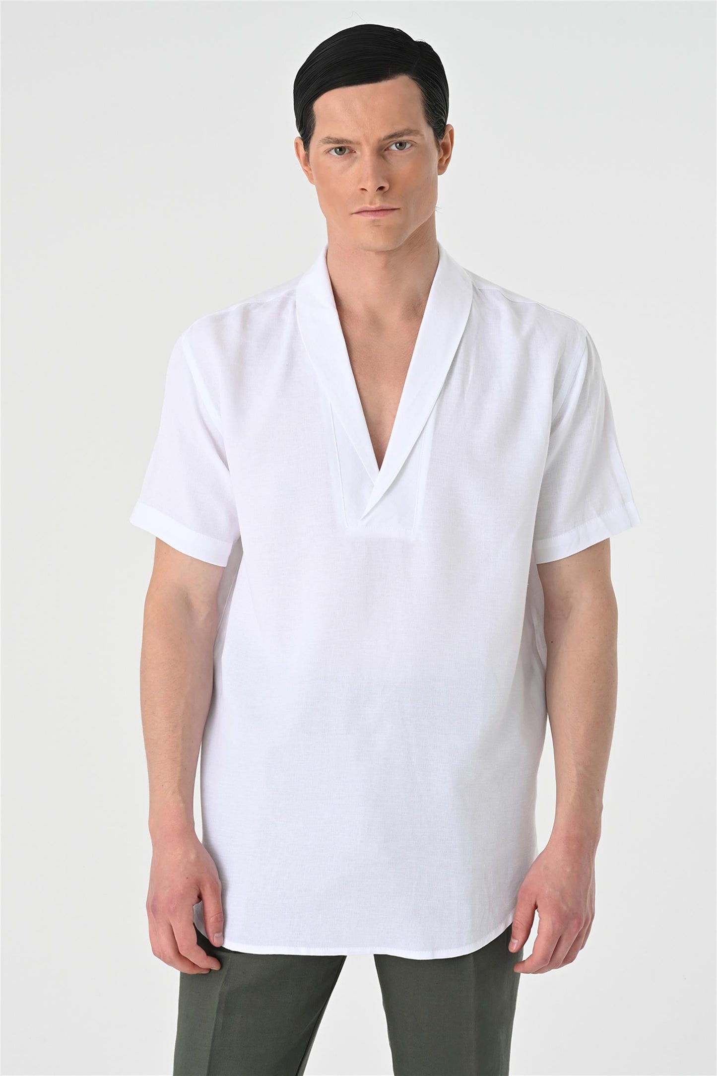 KOALA SYDNEY Men's White Relax Fit Shawl Collar Short Sleeve Shirt