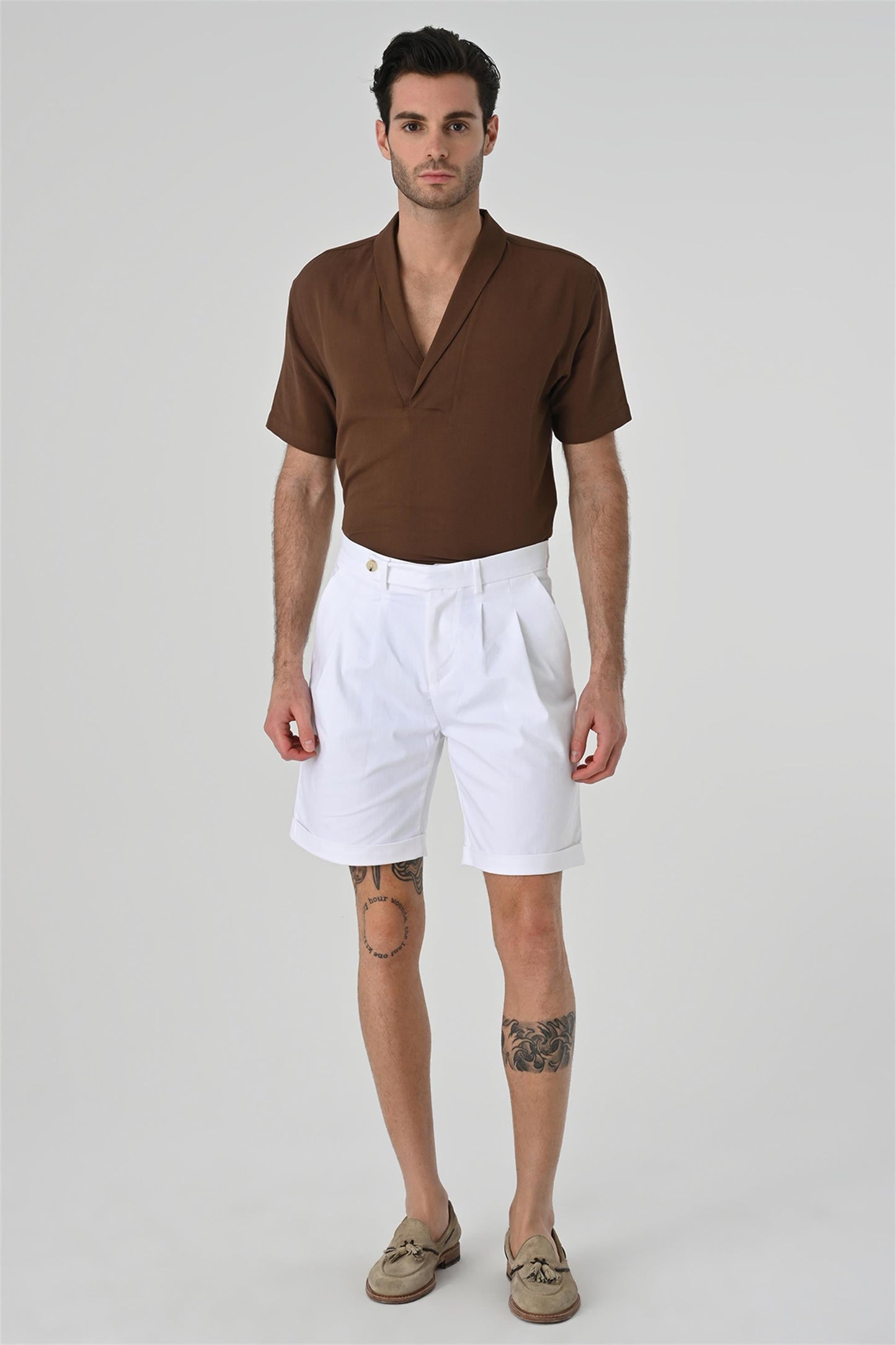 KOALA SYDNEY Men's Brown Relax Fit Shawl Collar Short Sleeve Shirt -