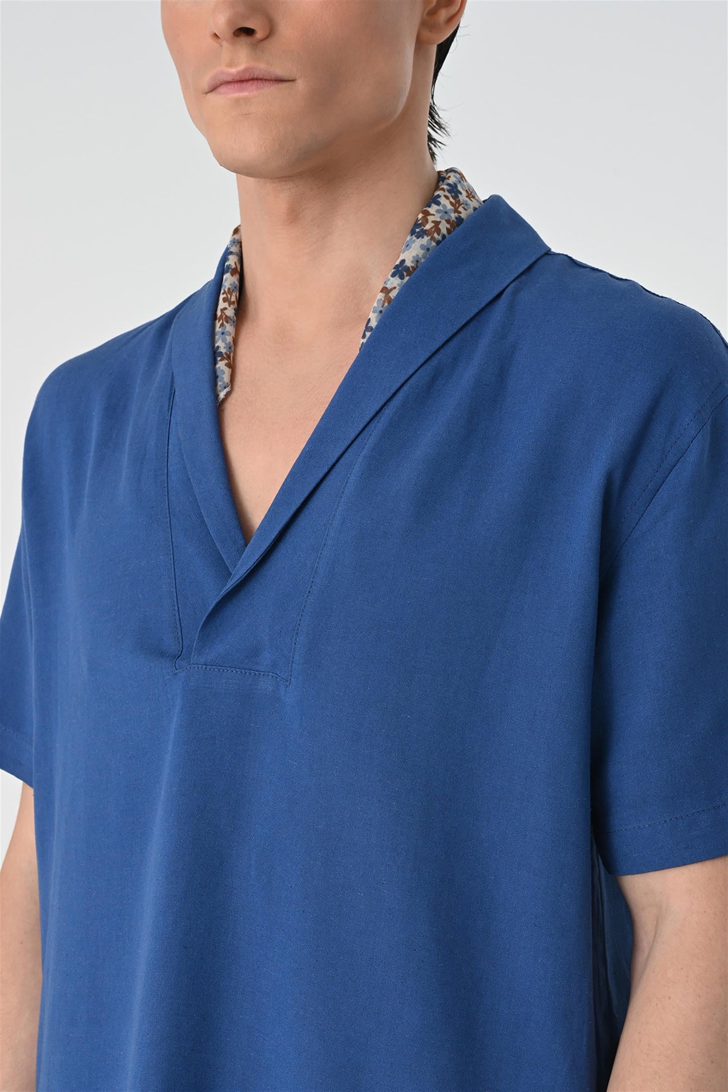 KOALA SYDNEY Men's Indigo Relax Fit Shawl Collar Short Sleeve Shirt -