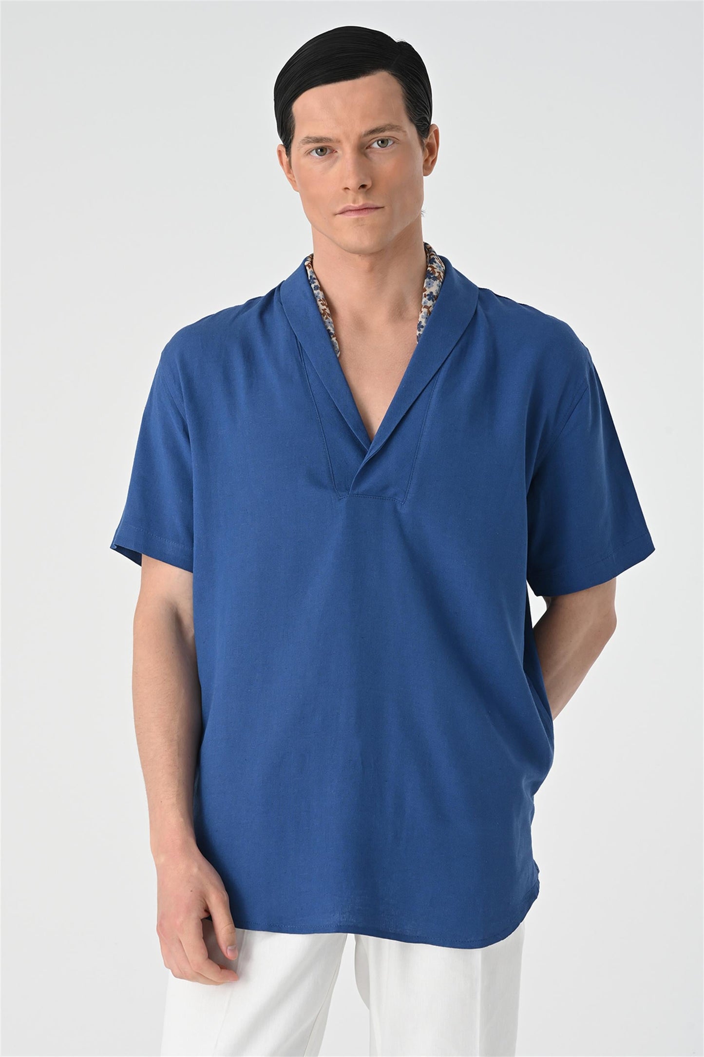 KOALA SYDNEY Men's Indigo Relax Fit Shawl Collar Short Sleeve Shirt -