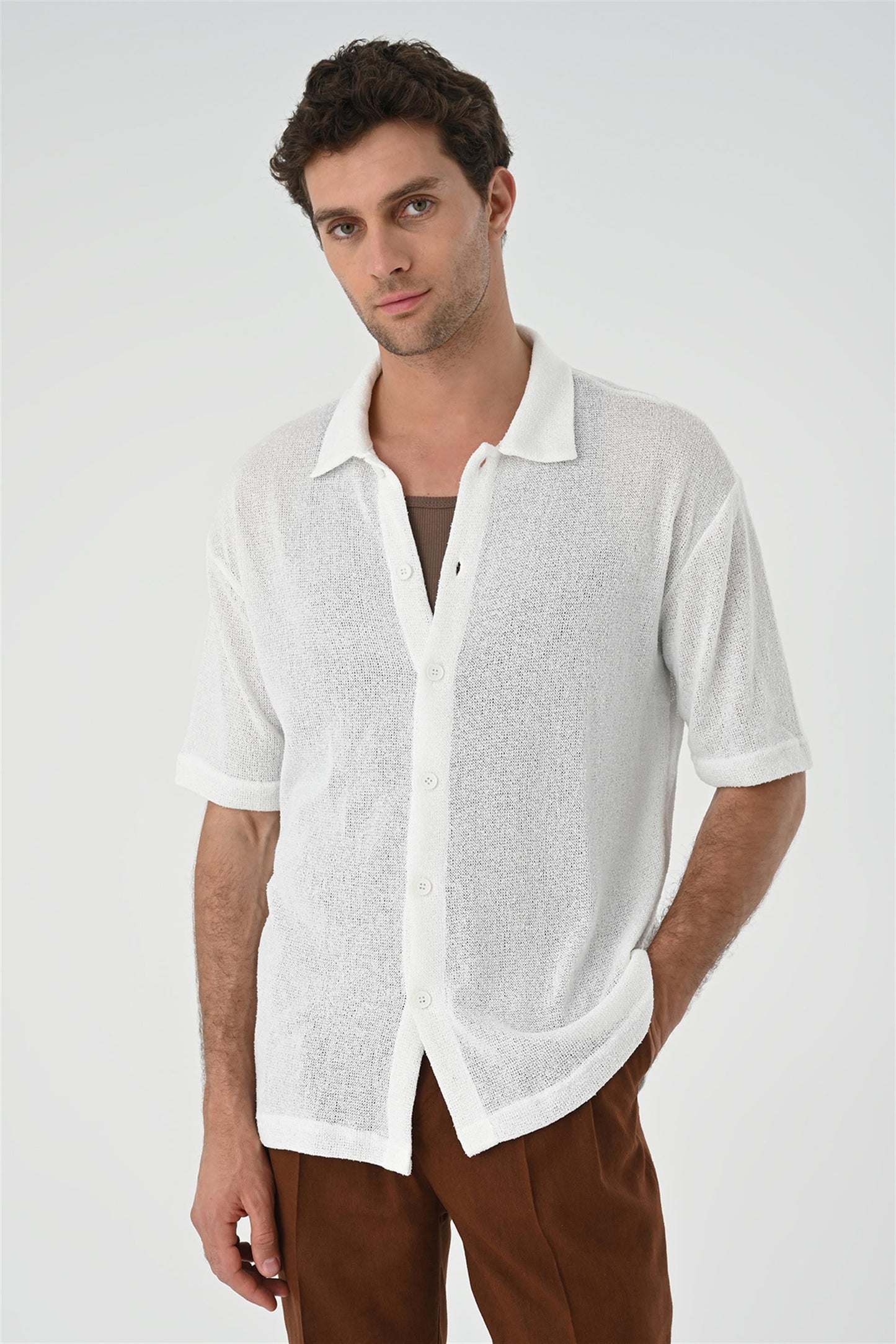 KOALA SYDNEY Men's White Relax Fit Knitwear Shirt -