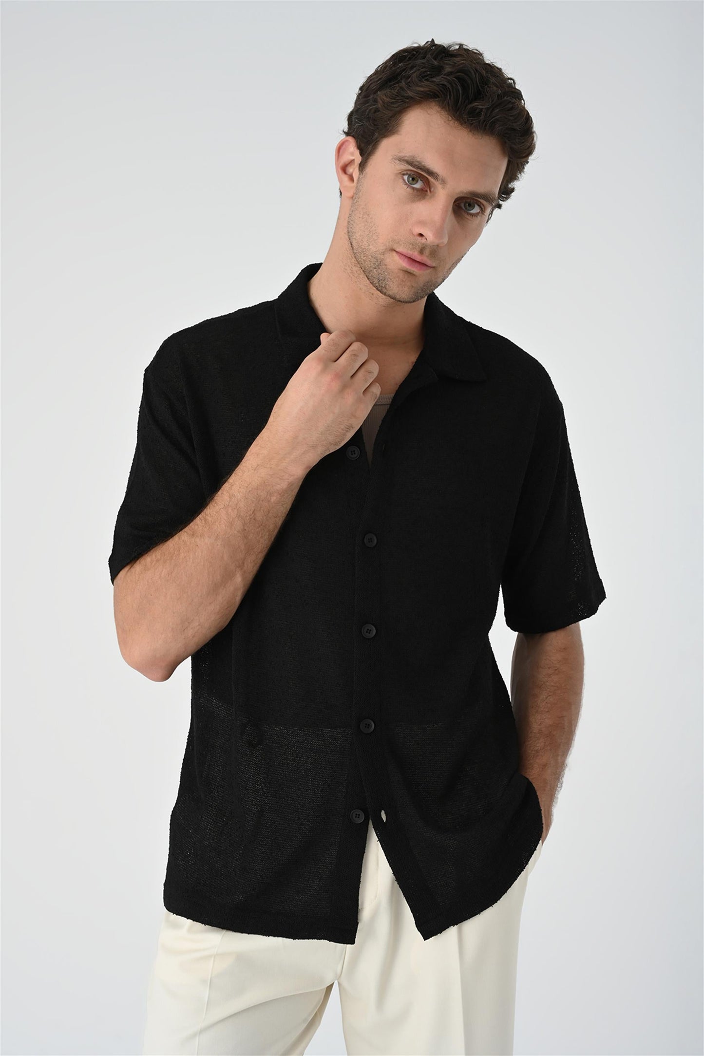 KOALA SYDNEY Men's Black Relax Fit Knitwear Shirt -