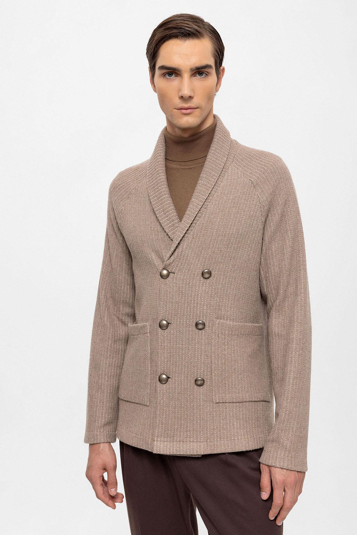 Men's Beige Shawl Collar Double Breasted Closure Cardigan