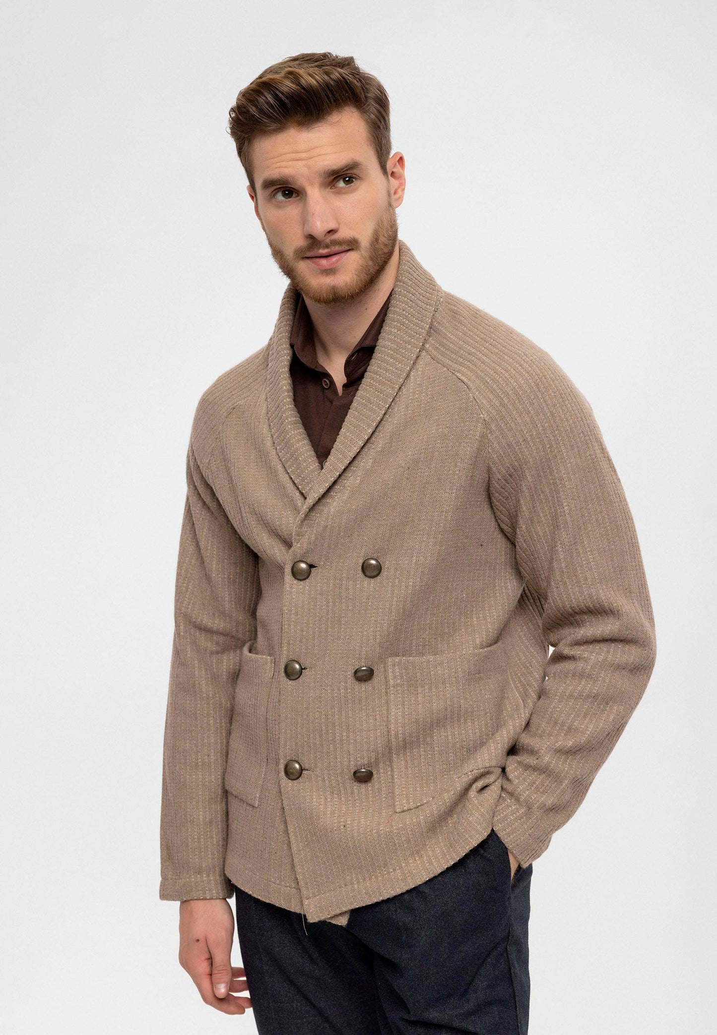 Men's Beige Shawl Collar Double Breasted Closure Cardigan