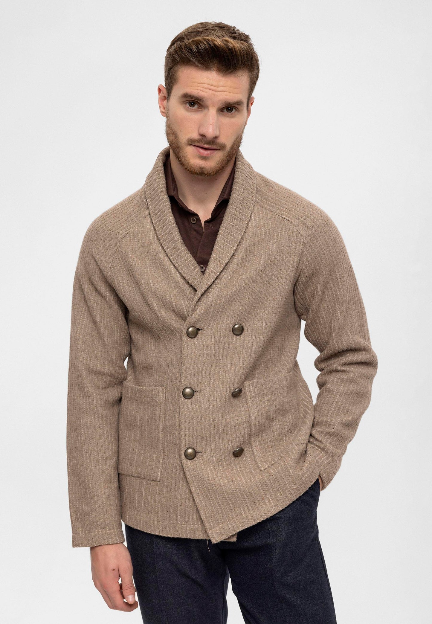 Men's Beige Shawl Collar Double Breasted Closure Cardigan
