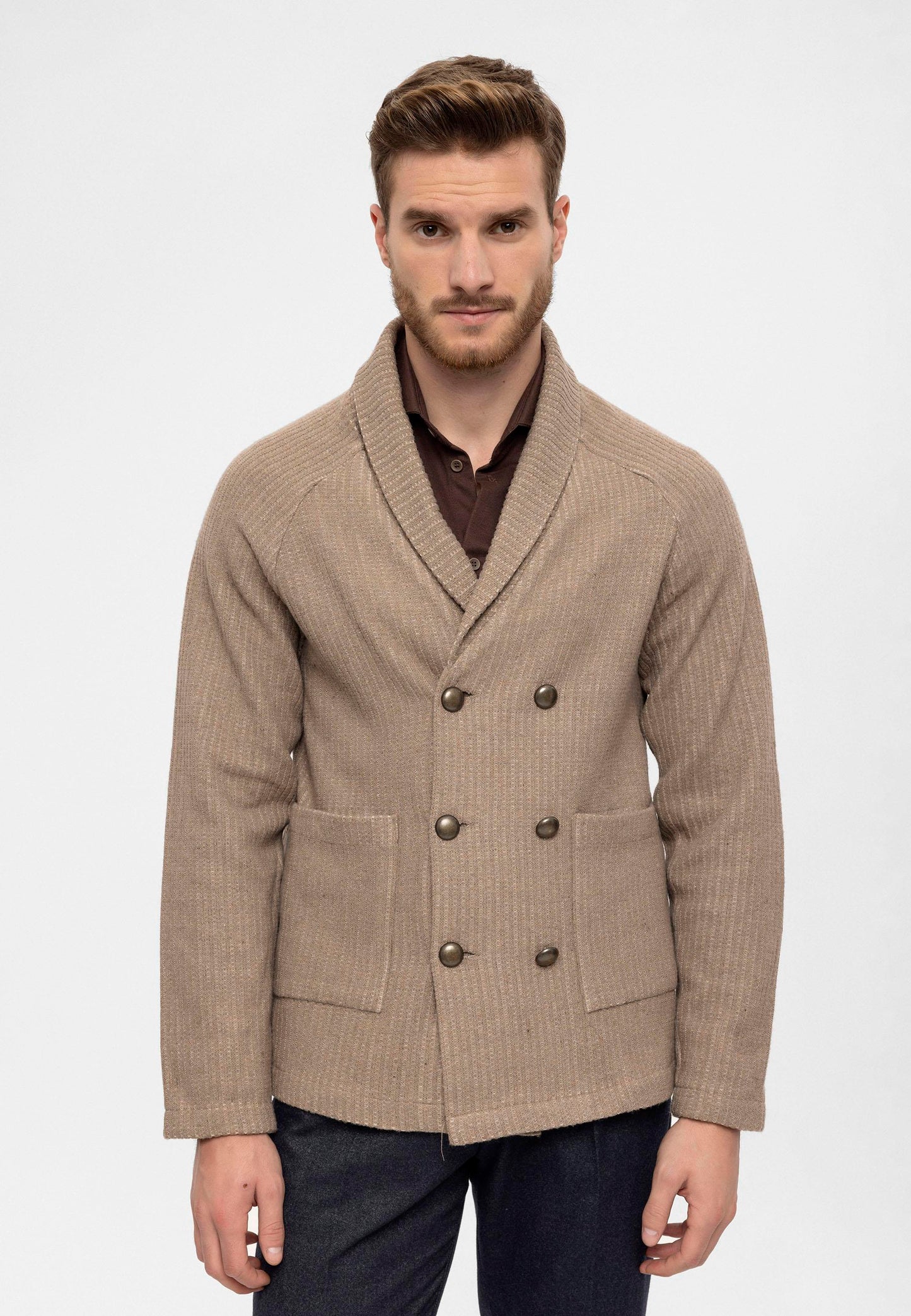 Men's Beige Shawl Collar Double Breasted Closure Cardigan