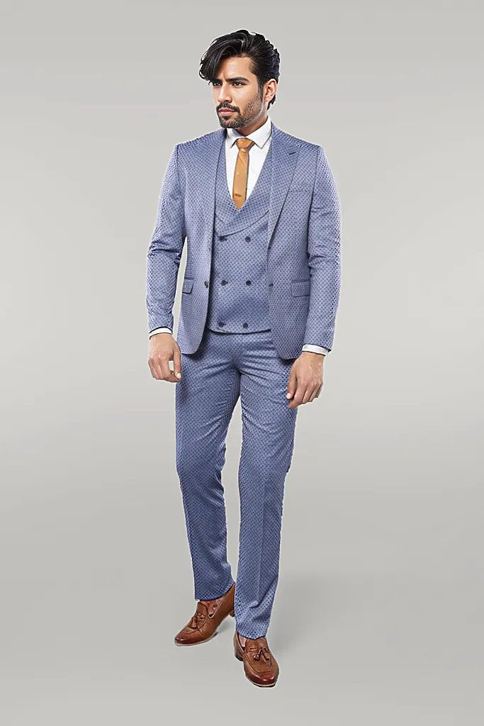 Self Patterned Vested Blue Suit