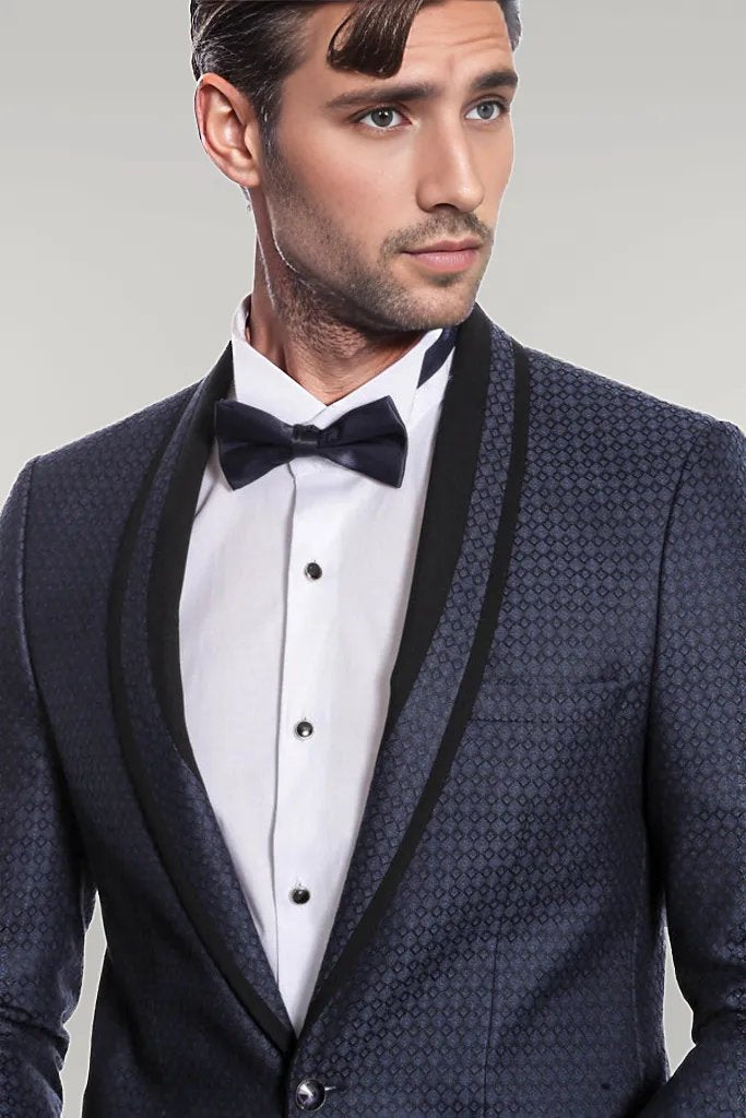 Shawl Lapel Patterned Slim Fit Navy Blue Tuxedo