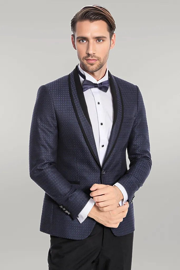 Shawl Lapel Patterned Slim Fit Navy Blue Tuxedo