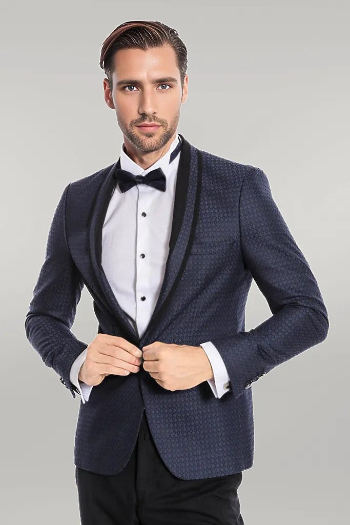 Shawl Lapel Patterned Slim Fit Navy Blue Tuxedo