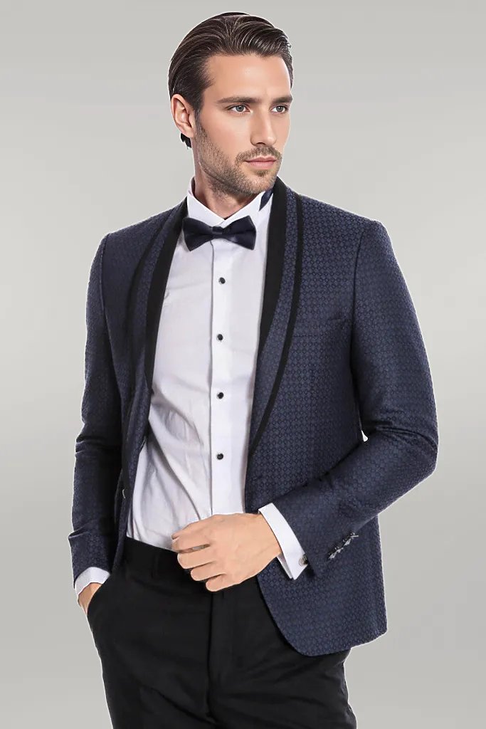 Shawl Lapel Patterned Slim Fit Navy Blue Tuxedo