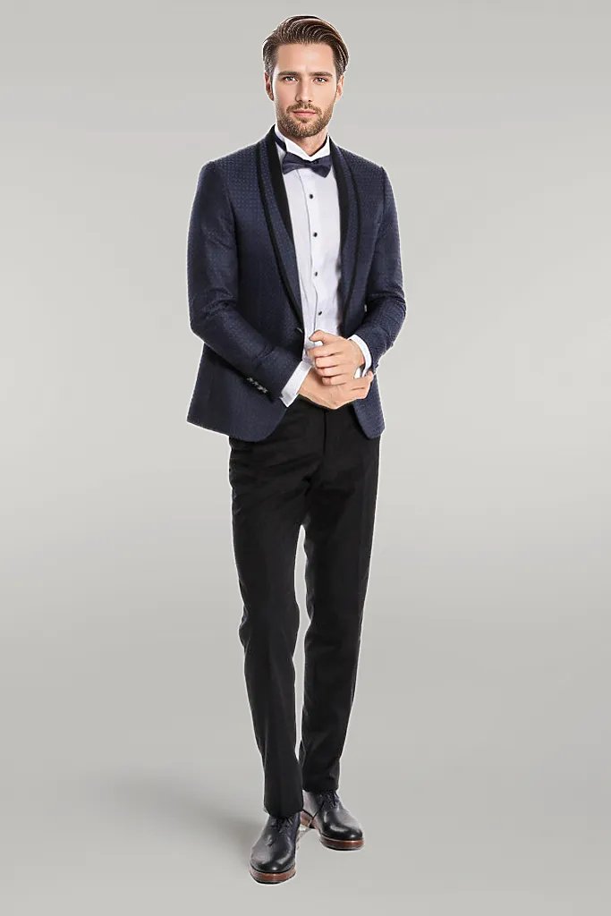 Shawl Lapel Patterned Slim Fit Navy Blue Tuxedo