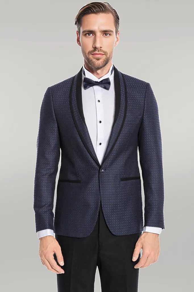 Shawl Lapel Patterned Slim Fit Navy Blue Tuxedo