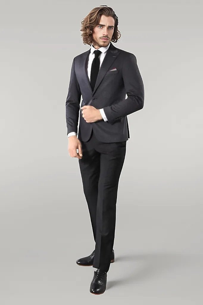 Single Button Double Vent Pointed Collar Navy Blue Blazer - Wessi