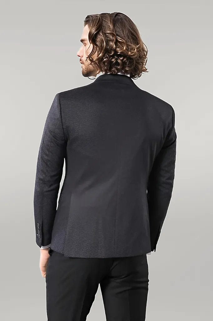 Single Button Double Vent Pointed Collar Navy Blue Blazer - Wessi