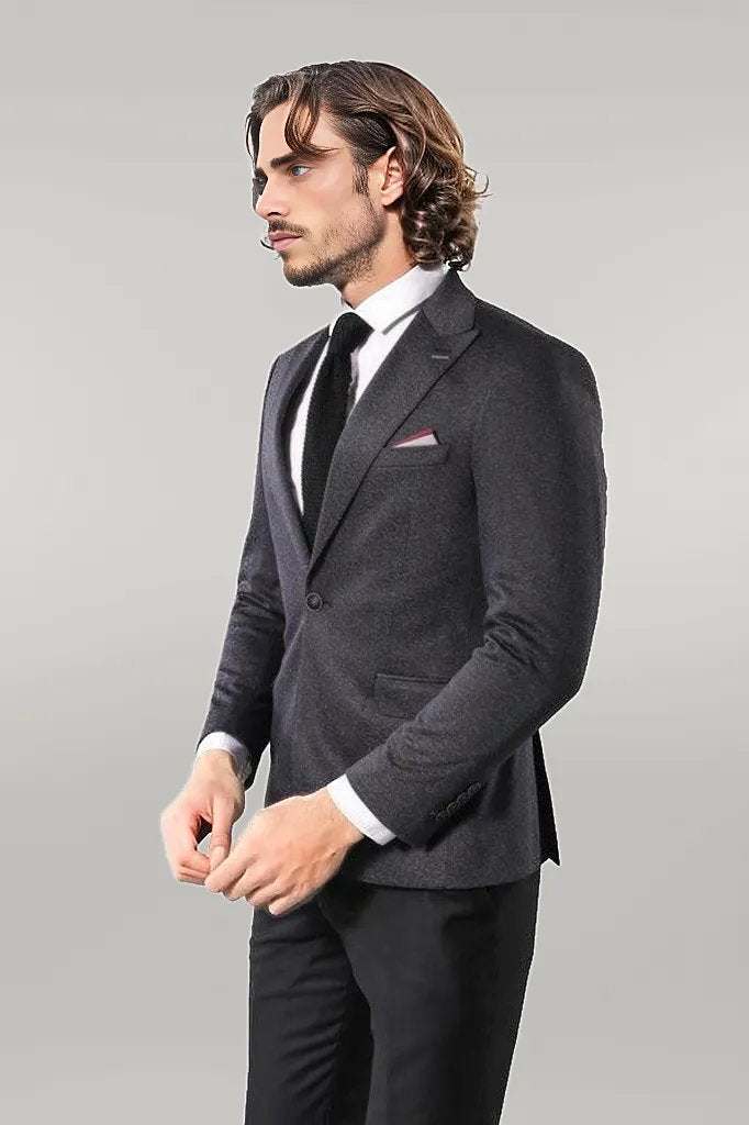 Single Button Double Vent Pointed Collar Navy Blue Blazer - Wessi