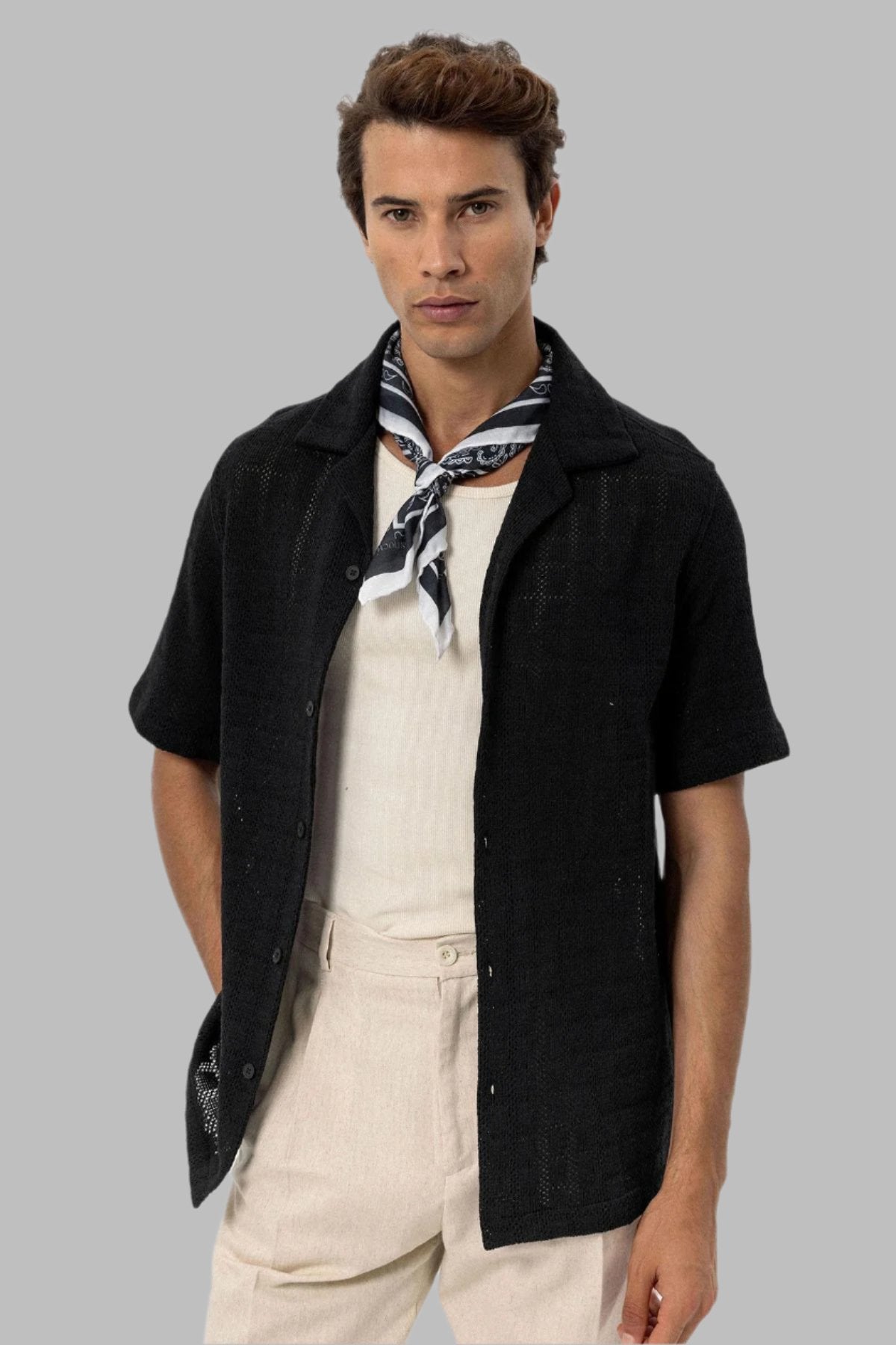 Men's Black Camp Collar Woven Shirt