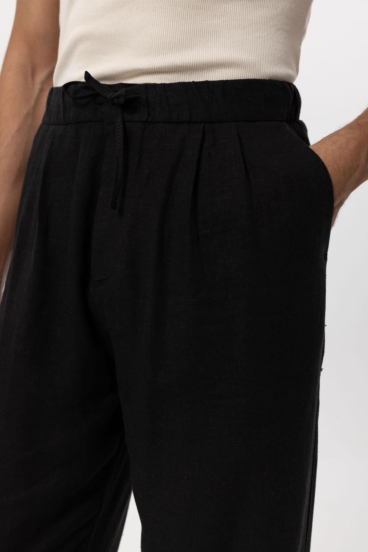 Men's Black Belted Linen Blend Pants