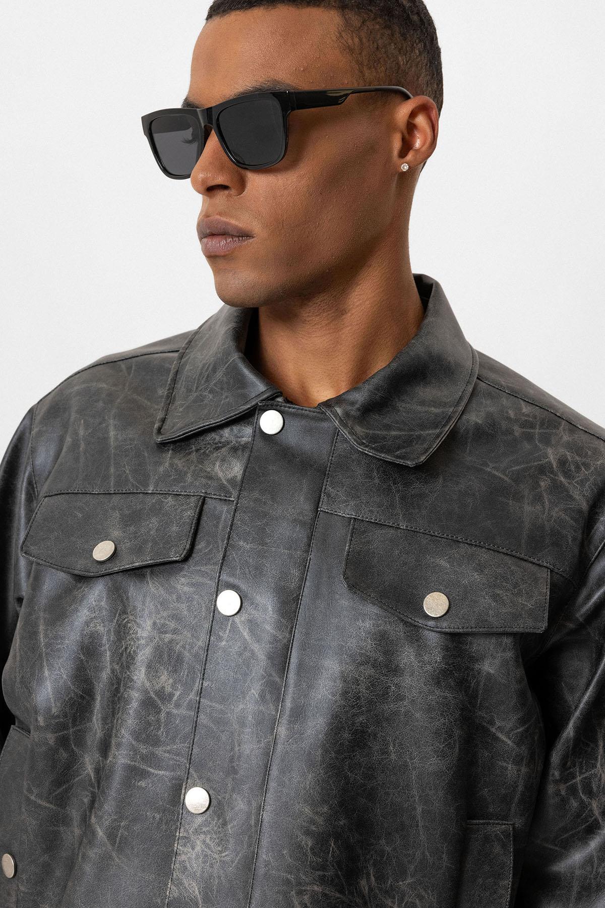 Black Crop Fit Faux Leather Men's Jacket