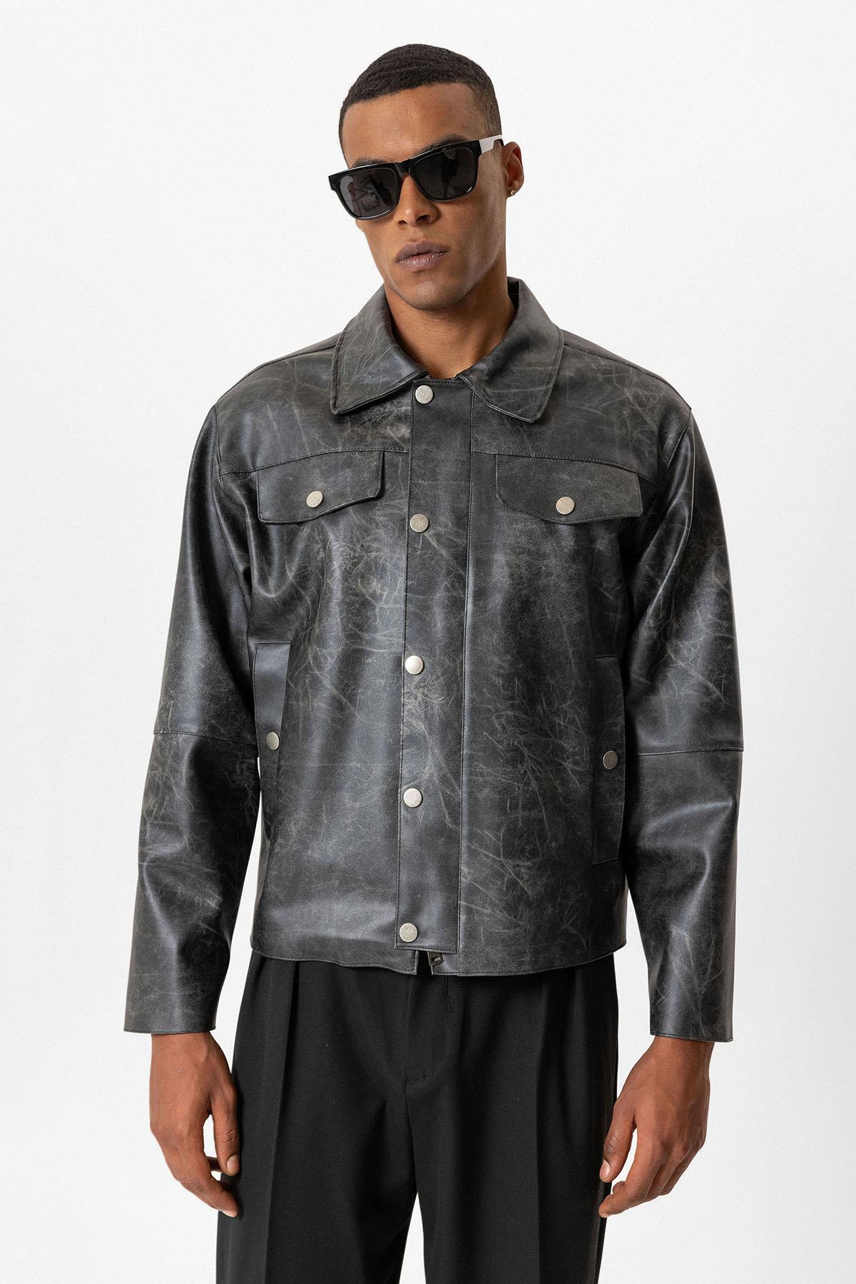 Black Crop Fit Faux Leather Men's Jacket